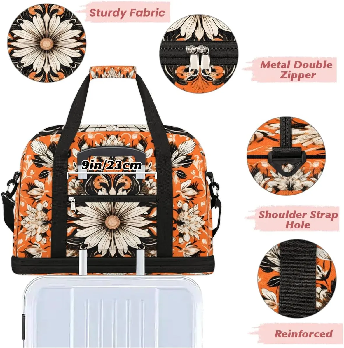 Flower Retro Boho Pattern Travel Duffle Bag, Collapsible Travel Bag Sports Gym Bag With Shoes Compartment Weekender Bag Overnight Bag For Women Men