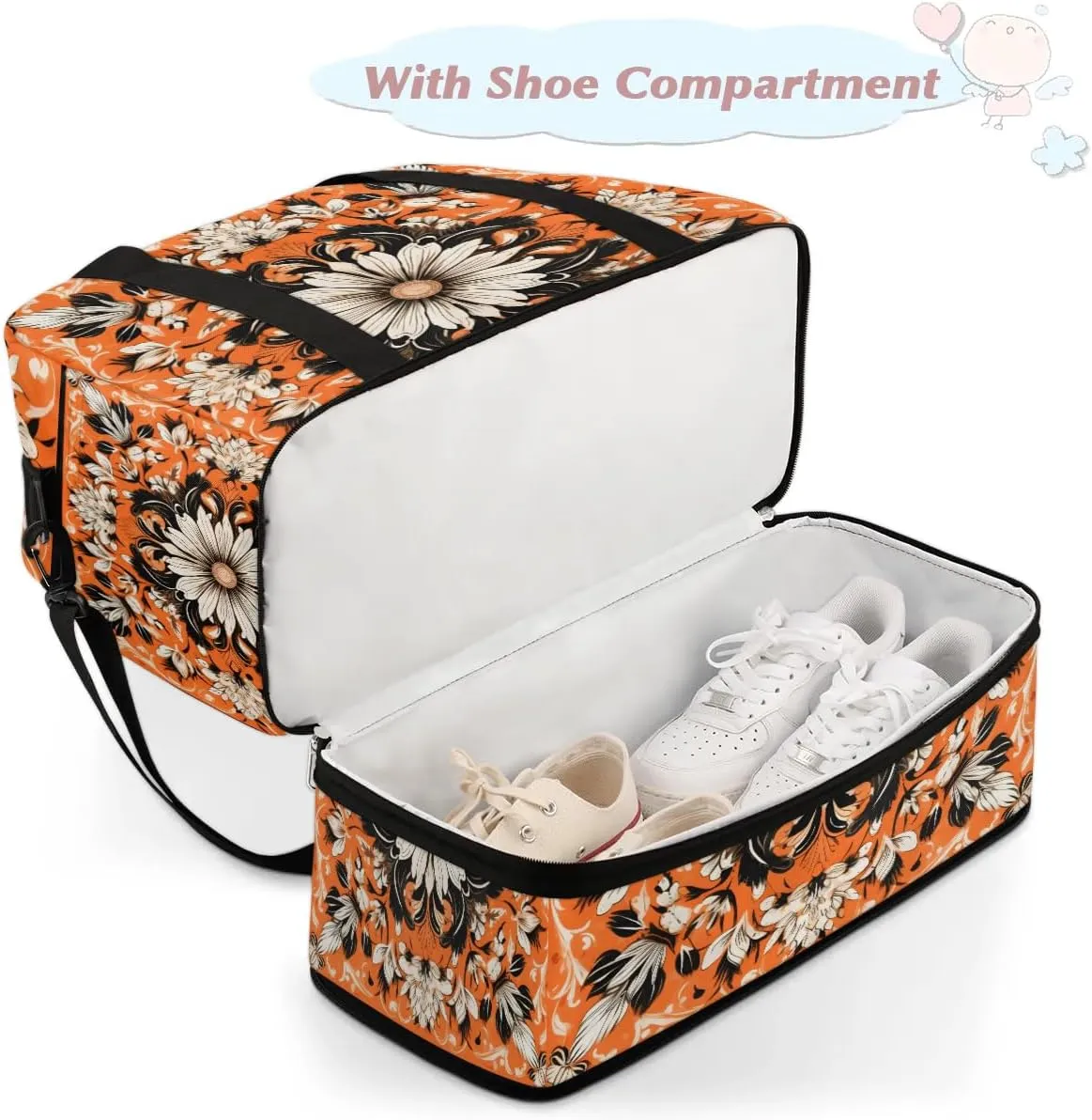 Flower Retro Boho Pattern Travel Duffle Bag, Collapsible Travel Bag Sports Gym Bag With Shoes Compartment Weekender Bag Overnight Bag For Women Men