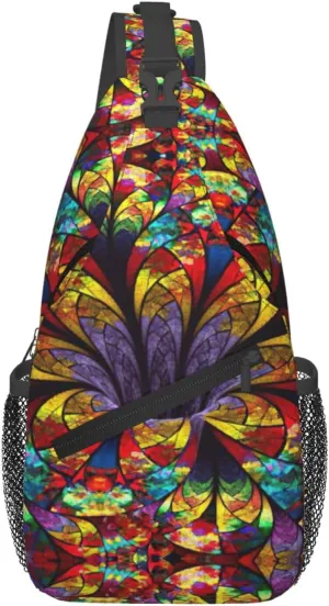 Flower Stained Glass Print Sling Bag Crossbody Backpack For Women Men Hiking Travel Over The Shoulder Multipurpose Bag