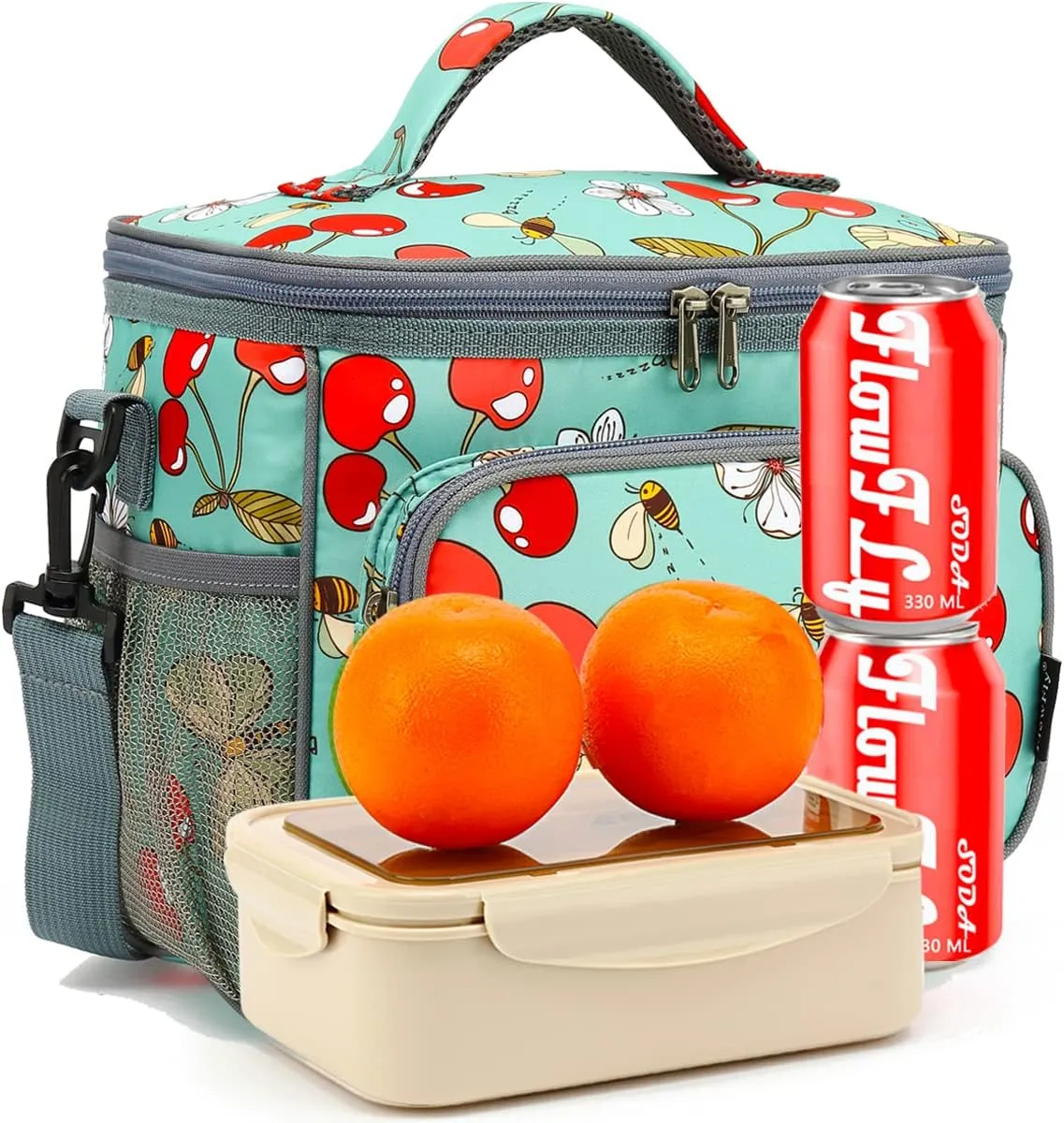 FlowFly Insulated Reusable Lunch Bag Adult Large Lunch Box for Women and Men with Adjustable Shoulder Strap,Front Zipper Pocket and Dual Large Mesh Side Pockets,Cherry