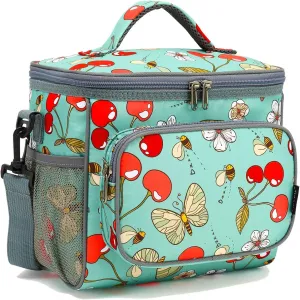 FlowFly Insulated Reusable Lunch Bag Adult Large Lunch Box for Women and Men with Adjustable Shoulder Strap,Front Zipper Pocket and Dual Large Mesh Side Pockets,Cherry