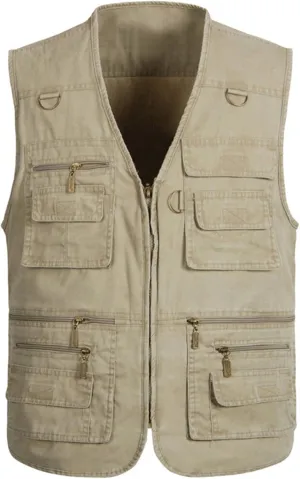 Flygo Men's Fishing Multi Pockets Plus Size Photography Outdoor Climbing Causual Tactical Multi Use Vest (Khaki, Large)