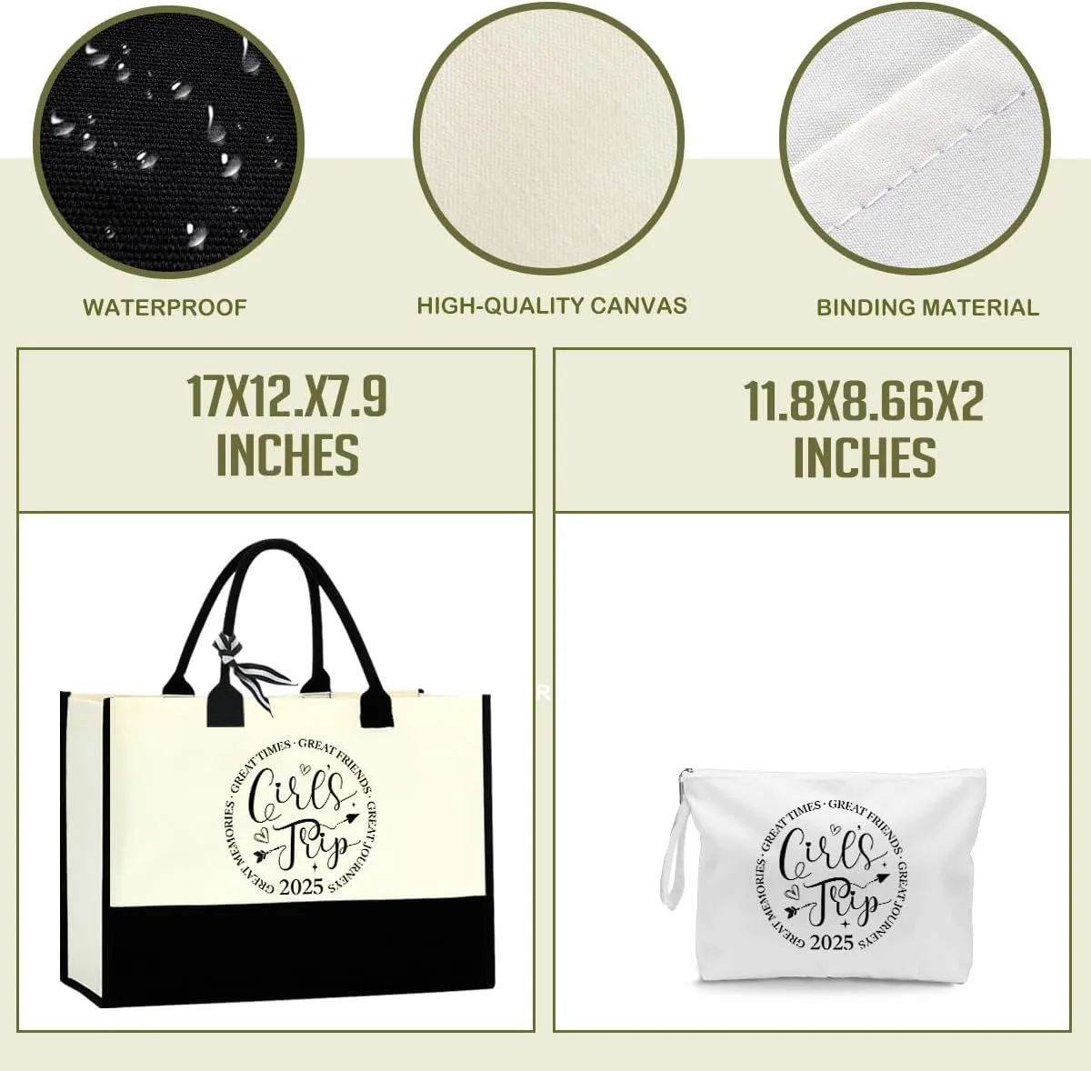 Fokongna Girls Trip 2025 For Women Friend Sister Travel Gifts Canvas Tote Bag Wet Bag for swimsuit Beach Bags Gifts