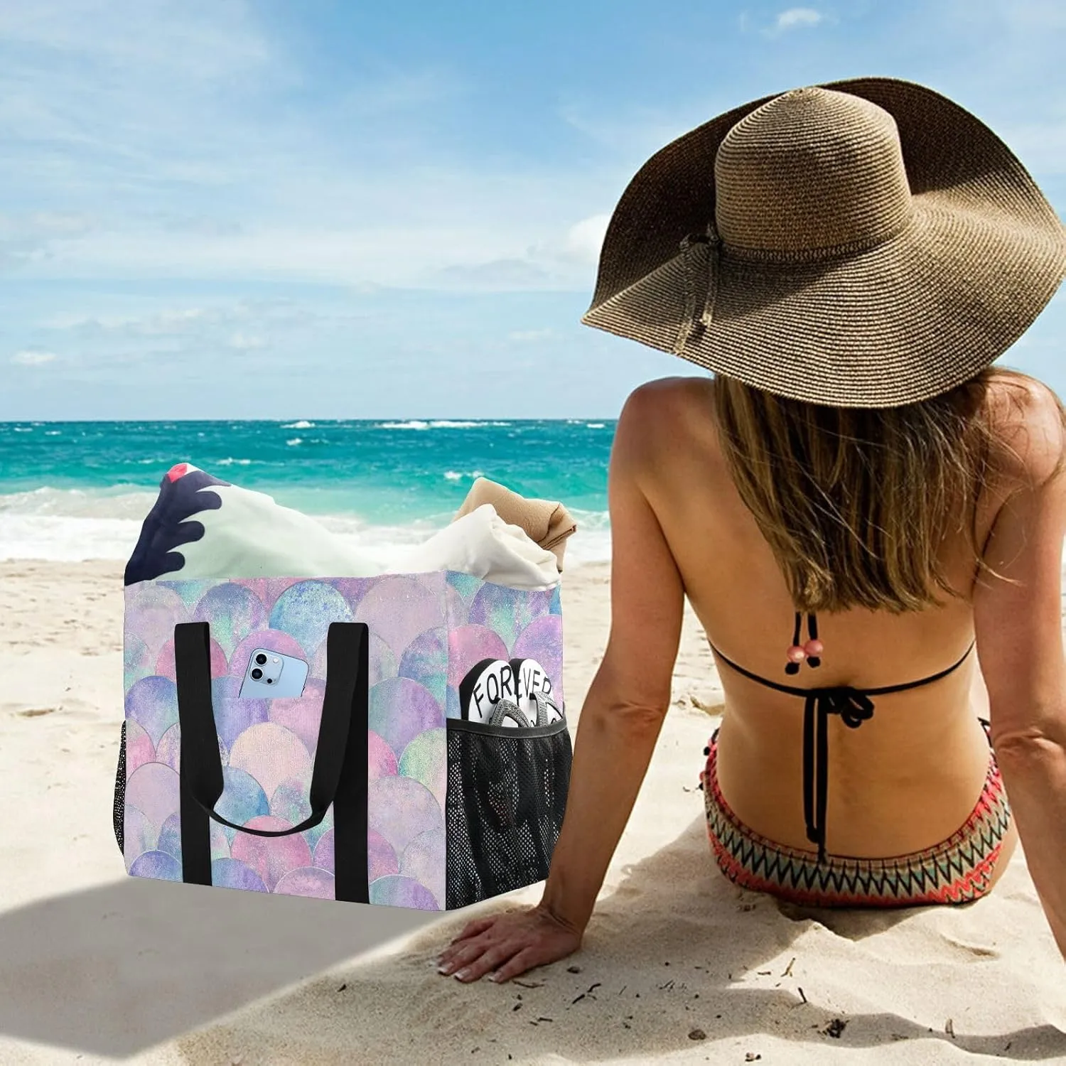 Foldable Grocery Reusable Tote Grocery Bag, Travel Canvas Shoulder Bags, Large Casual Laundry Pool Beach Bag