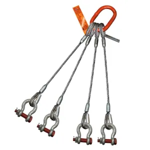 Four Leg Bridle Wire Rope Sling | 42 Ton Vertical Rated | Thimble-to-Bolt Anchor Shackle | 1-1/8" Dia. | 16' Length | EIPS 6x25 IWRC | Hanes Supply (HSI) Heavy Duty Rigging Cable