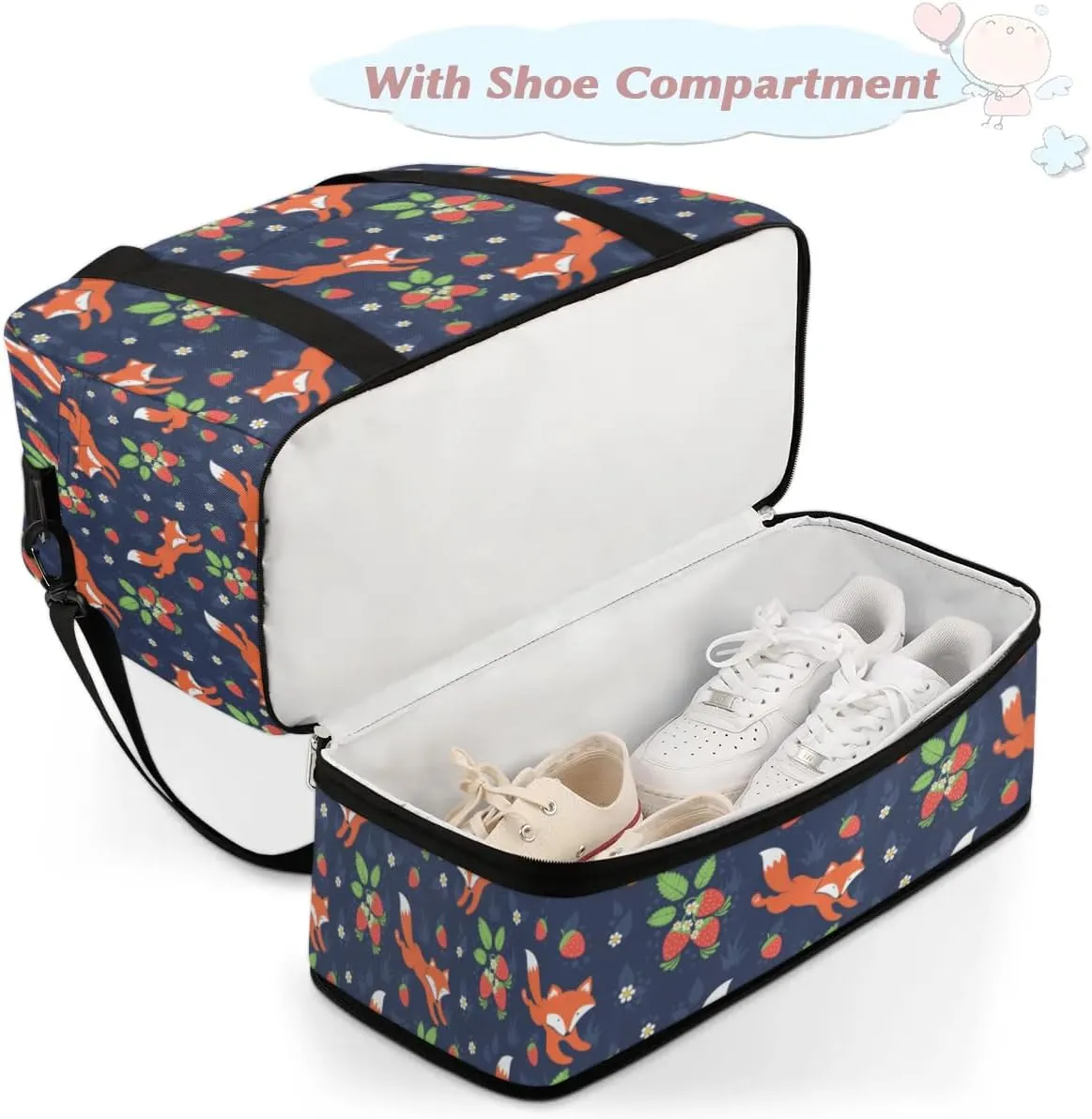 Fox Strawberry Sports Gym Bag with Shoes Compartment Foldable Travel Duffel Bag Dry Wet Separated Sports Tote Workout Weekender Overnight Bag for Women Yoga Dance Work Training Handbag