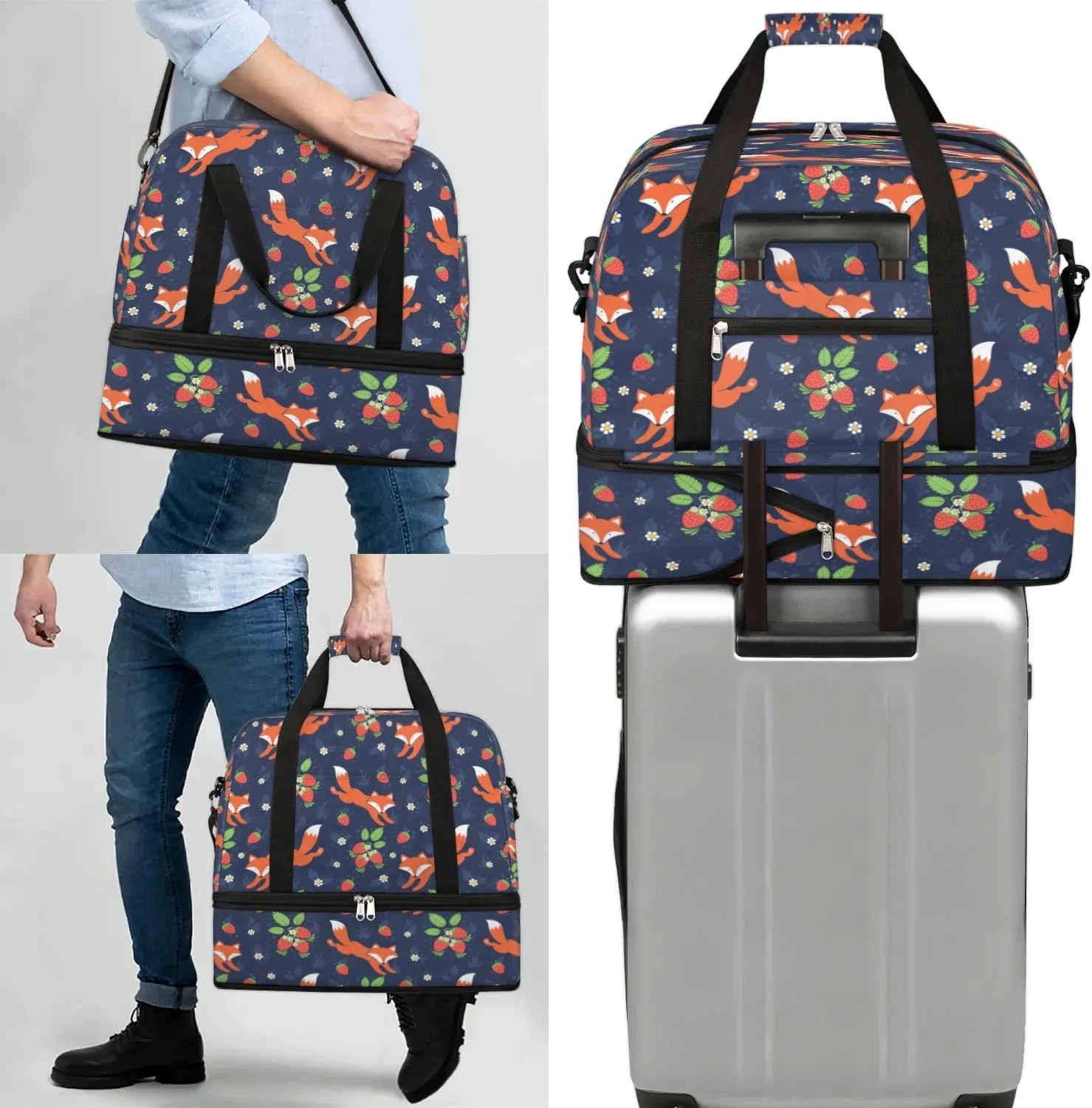 Fox Strawberry Sports Gym Bag with Shoes Compartment Foldable Travel Duffel Bag Dry Wet Separated Sports Tote Workout Weekender Overnight Bag for Women Yoga Dance Work Training Handbag