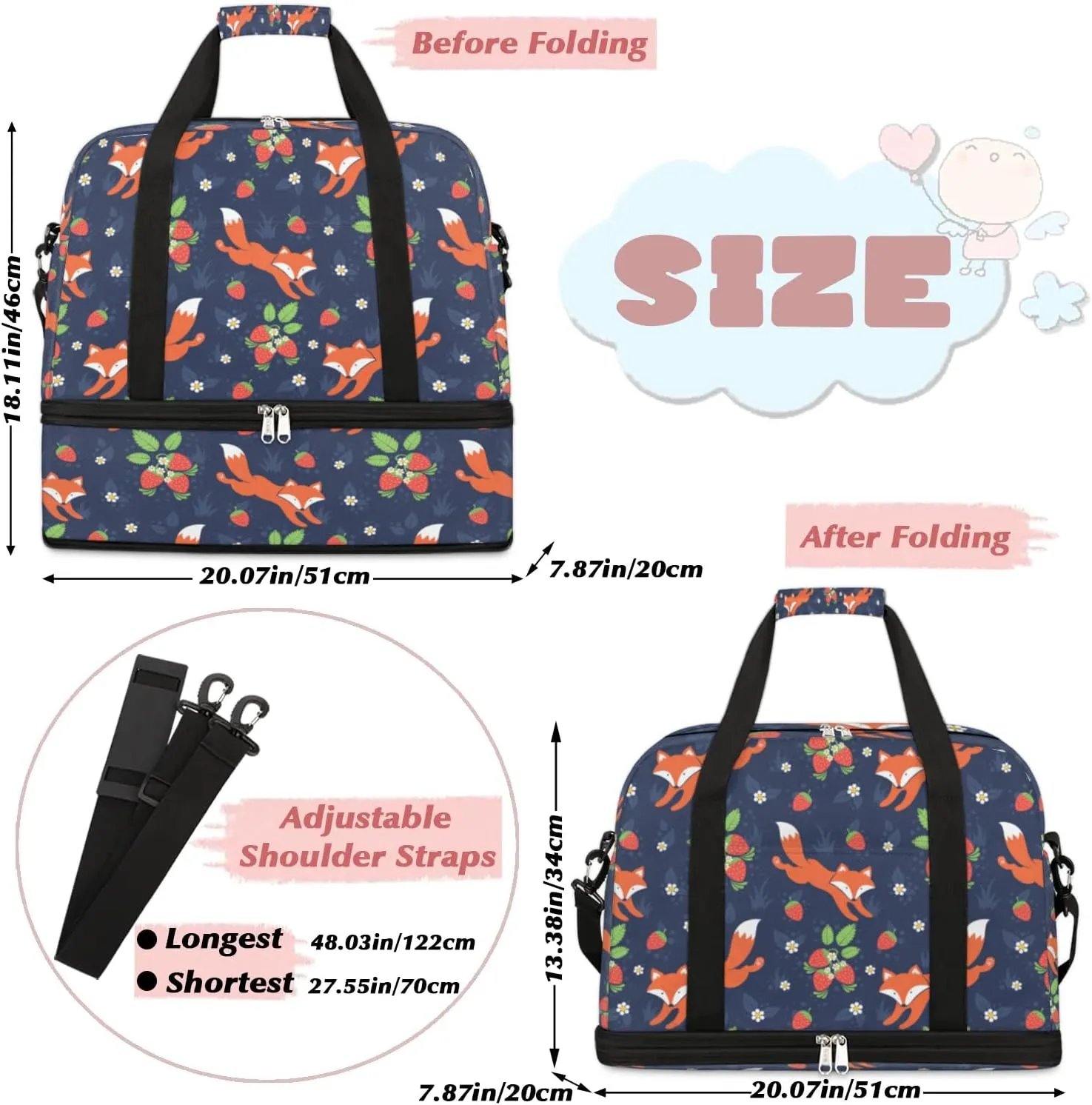 Fox Strawberry Sports Gym Bag with Shoes Compartment Foldable Travel Duffel Bag Dry Wet Separated Sports Tote Workout Weekender Overnight Bag for Women Yoga Dance Work Training Handbag