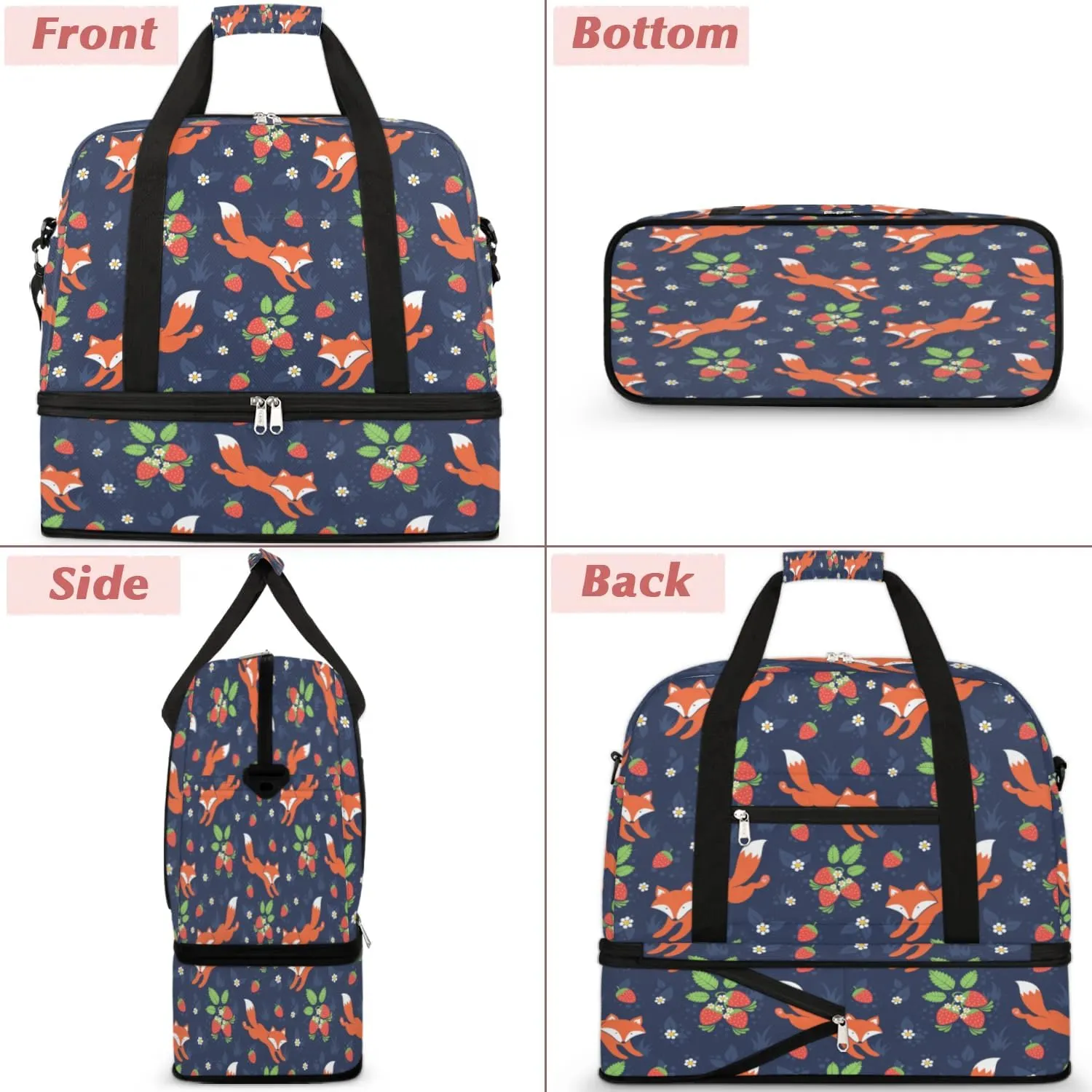 Fox Strawberry Sports Gym Bag with Shoes Compartment Foldable Travel Duffel Bag Dry Wet Separated Sports Tote Workout Weekender Overnight Bag for Women Yoga Dance Work Training Handbag