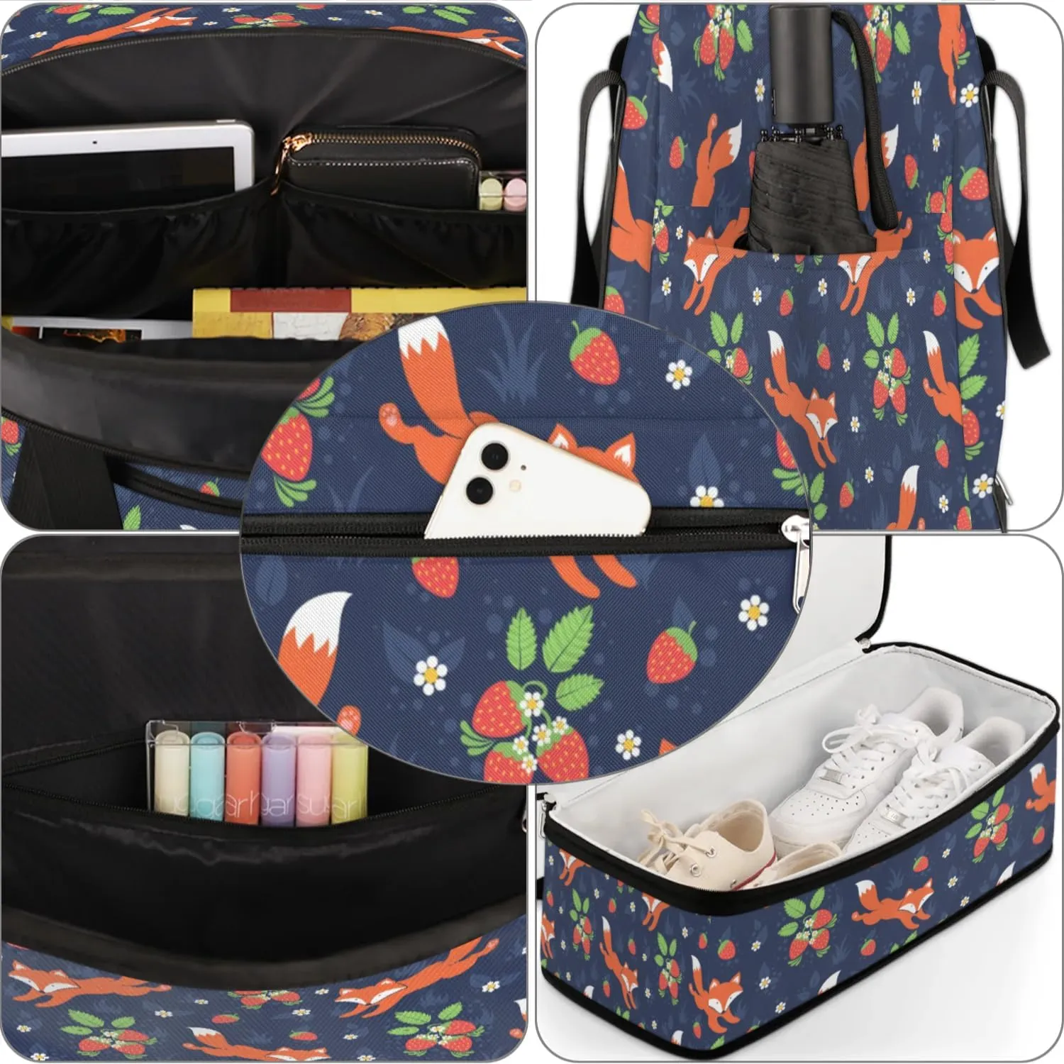 Fox Strawberry Sports Gym Bag with Shoes Compartment Foldable Travel Duffel Bag Dry Wet Separated Sports Tote Workout Weekender Overnight Bag for Women Yoga Dance Work Training Handbag