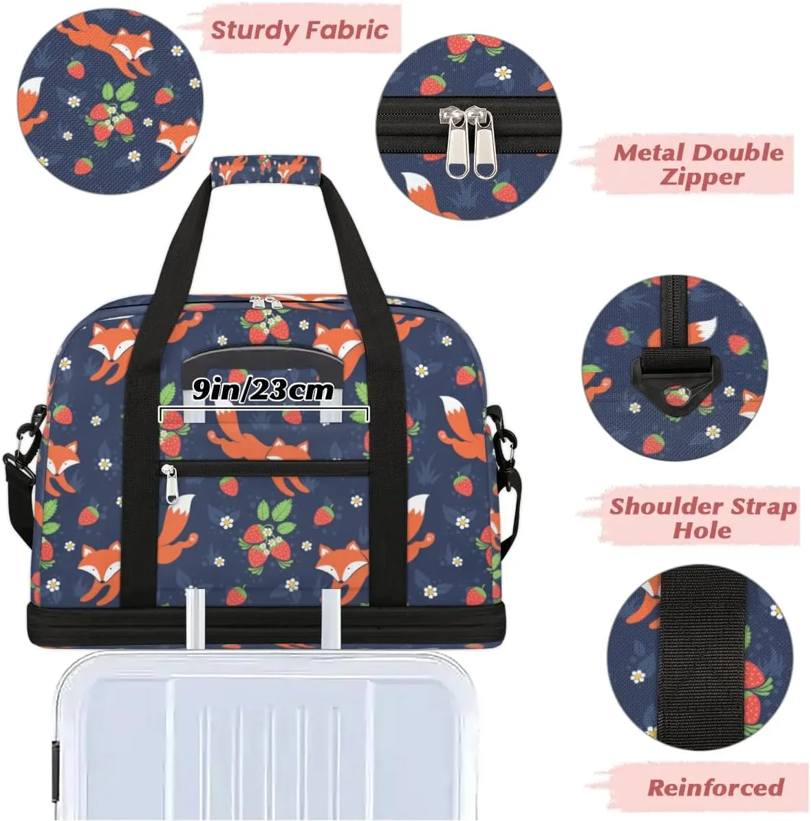 Fox Strawberry Sports Gym Bag with Shoes Compartment Foldable Travel Duffel Bag Dry Wet Separated Sports Tote Workout Weekender Overnight Bag for Women Yoga Dance Work Training Handbag