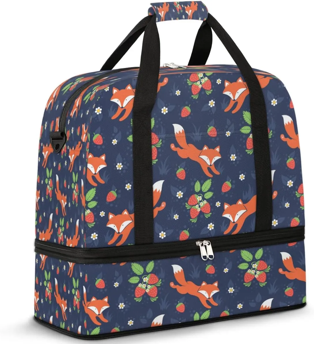 Fox Strawberry Sports Gym Bag with Shoes Compartment Foldable Travel Duffel Bag Dry Wet Separated Sports Tote Workout Weekender Overnight Bag for Women Yoga Dance Work Training Handbag