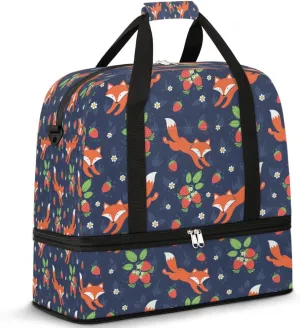 Fox Strawberry Sports Gym Bag with Shoes Compartment Foldable Travel Duffel Bag Dry Wet Separated Sports Tote Workout Weekender Overnight Bag for Women Yoga Dance Work Training Handbag