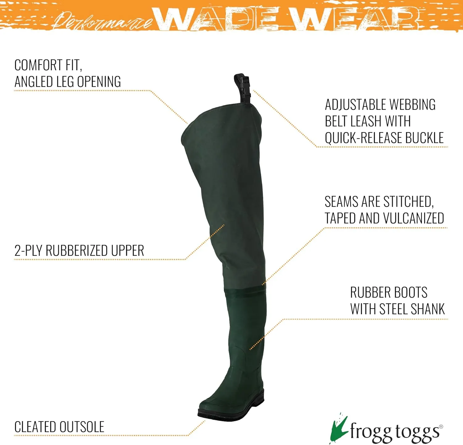 FROGG TOGGS Cascades 2-ply Poly/Rubber Waterproof Fishing Bootfoot Hip Wader for Fishing, Cleated or Felt
