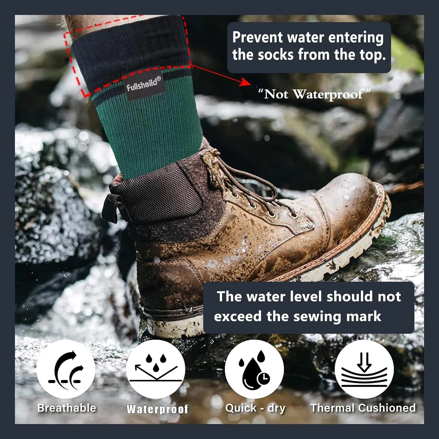 Fullsheild Waterproof Socks Unisex Waterproof Breathable Socks Outdoor Hiking Wading Fishing Trail Golf Socks for Men Women
