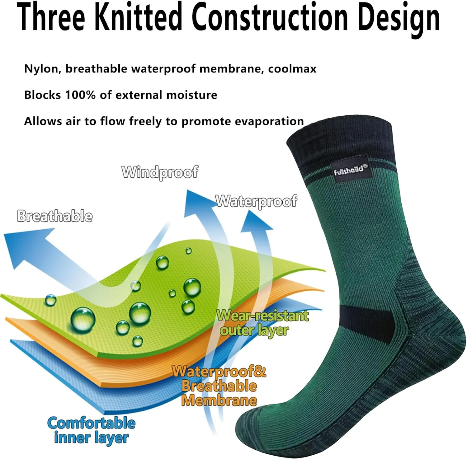 Fullsheild Waterproof Socks Unisex Waterproof Breathable Socks Outdoor Hiking Wading Fishing Trail Golf Socks for Men Women