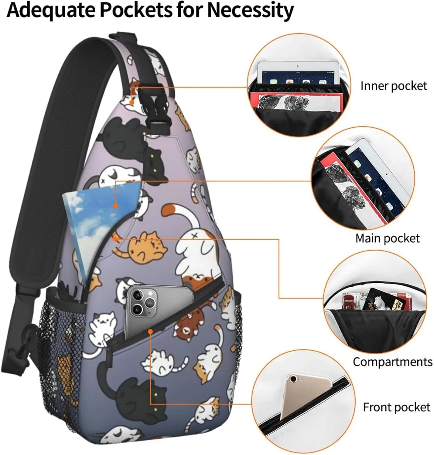 Funny Cute Cat Sling Backpack Cat Chest Bags Crossbody Animal Shoulder Bag for Men And Men