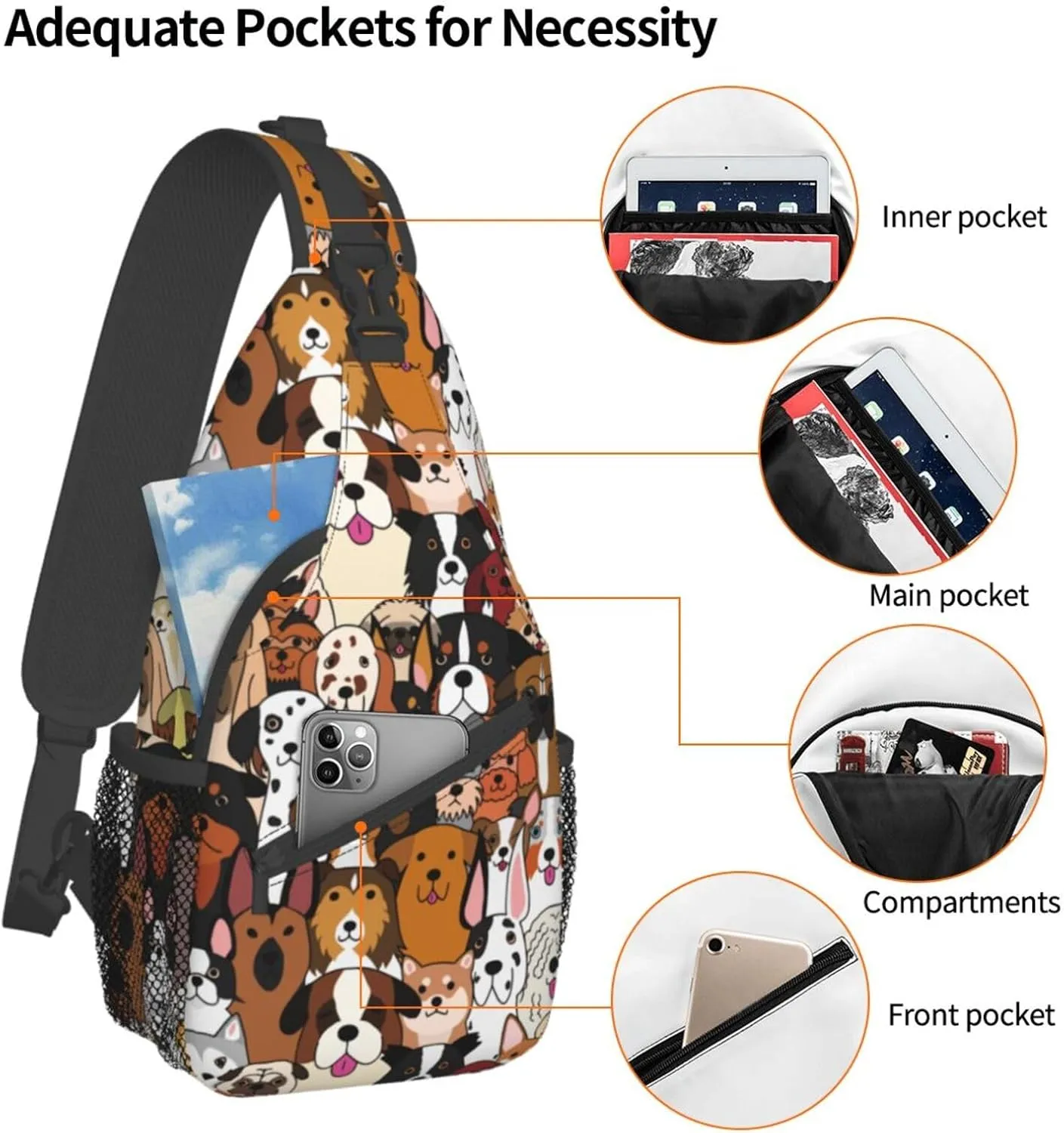 Funny Dogs collection Unisex Sling Daypacks Adjustable Rope Shoulder Chest Bags Gym Sport Travel Hiking Daypack For Men Women Gift