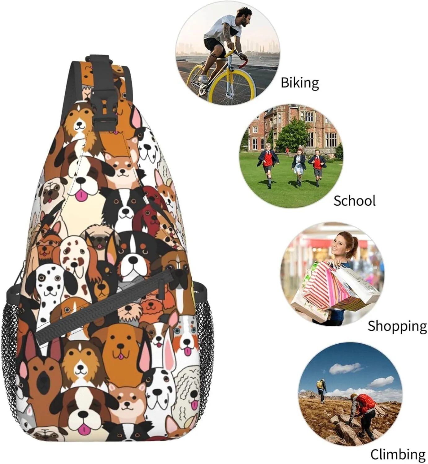 Funny Dogs collection Unisex Sling Daypacks Adjustable Rope Shoulder Chest Bags Gym Sport Travel Hiking Daypack For Men Women Gift