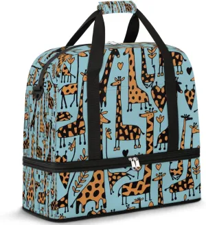 Funny Giraffes Sketch Sports Gym Bag with Shoes Compartment Foldable Travel Duffel Bag Dry Wet Separated Sports Tote Workout Weekender Overnight Bag for Women Yoga Dance Work Training Handbag