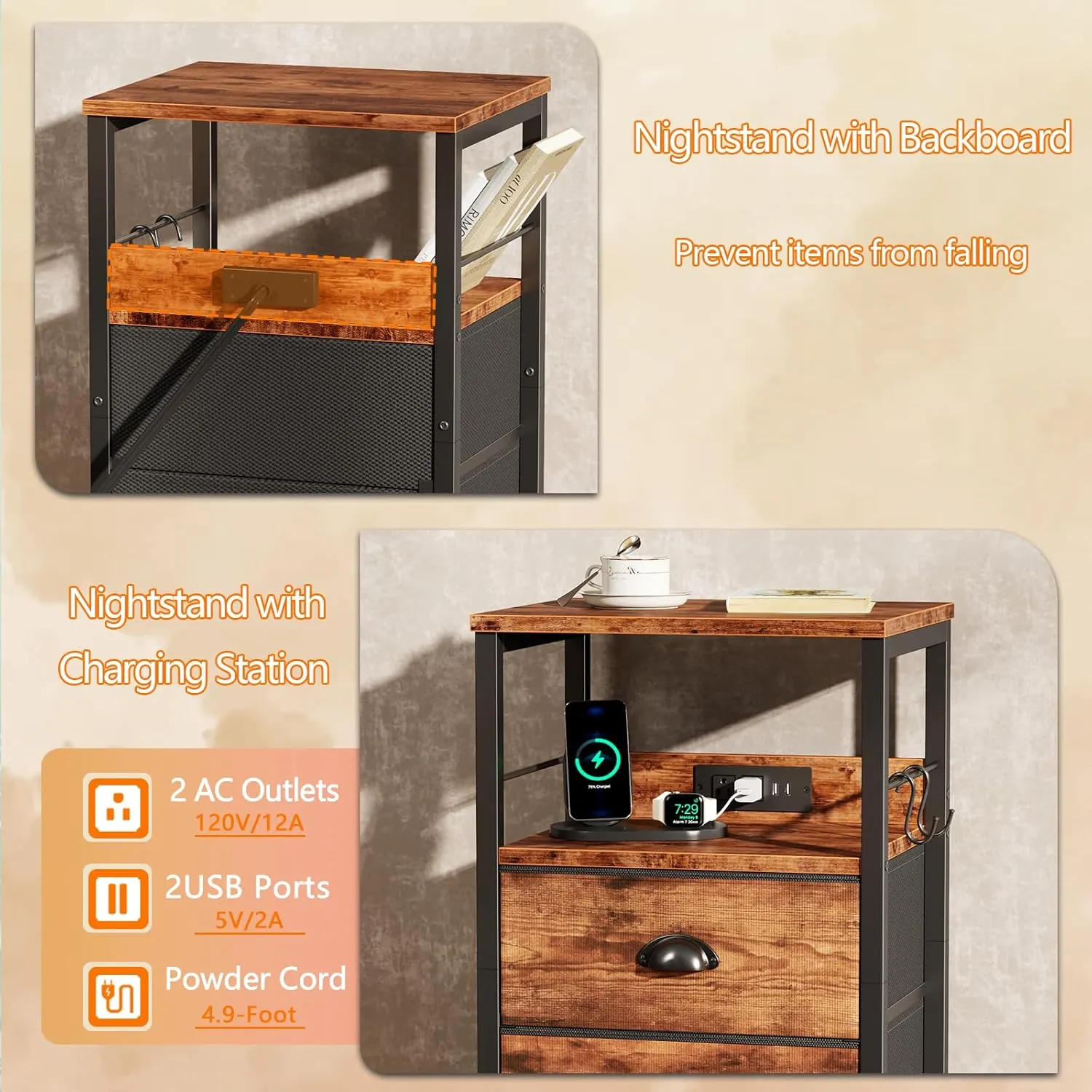 Furologee Nightstand Set of 2, Rustic Brown, with Charging Station and USB Ports, Side Tables with 2 Fabric Drawers, Bedside Tables with Storage Shelf & Hooks, for Living Room/Bedroom