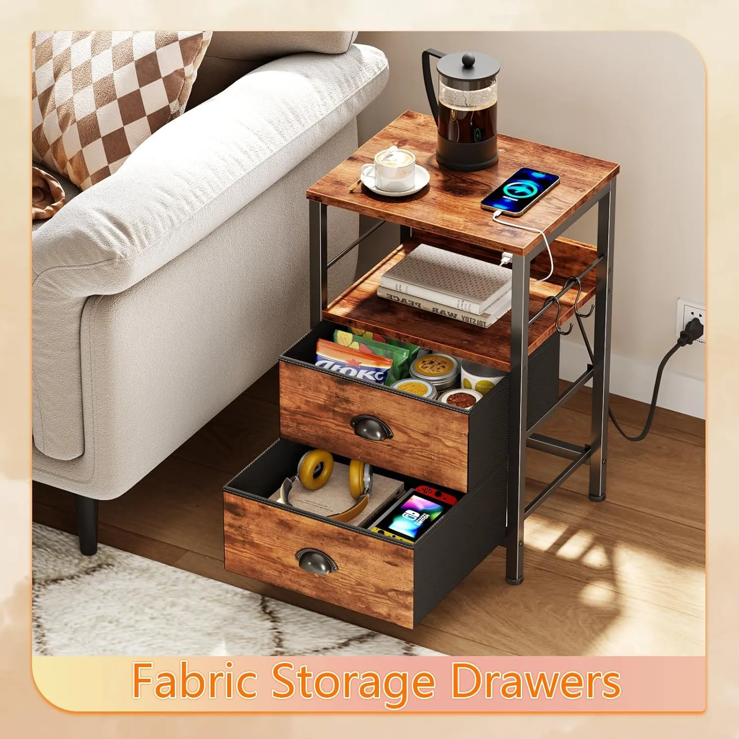 Furologee Nightstand Set of 2, Rustic Brown, with Charging Station and USB Ports, Side Tables with 2 Fabric Drawers, Bedside Tables with Storage Shelf & Hooks, for Living Room/Bedroom
