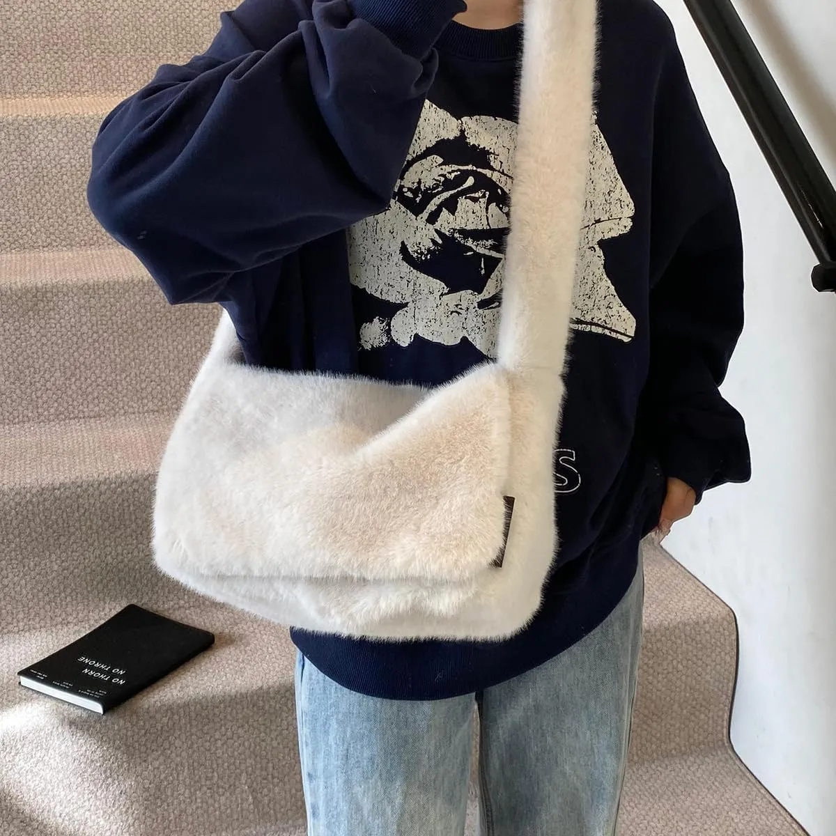 Furry Faux Fur Shoulder Crossbody Bag for Women Cute Handbag Fluffy Plush Y2K Messenger Purse
