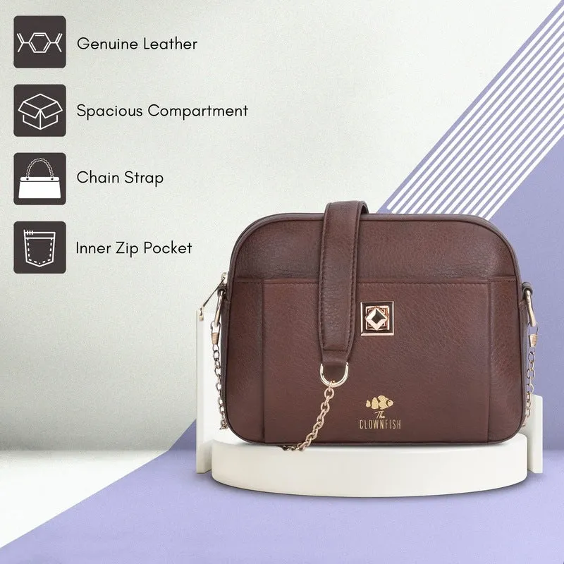 Genuine Leather Sling Bag for Women - Zip Closure, Chain Strap | Lightweight | Capacity: 2.5L | Chocolate Brown