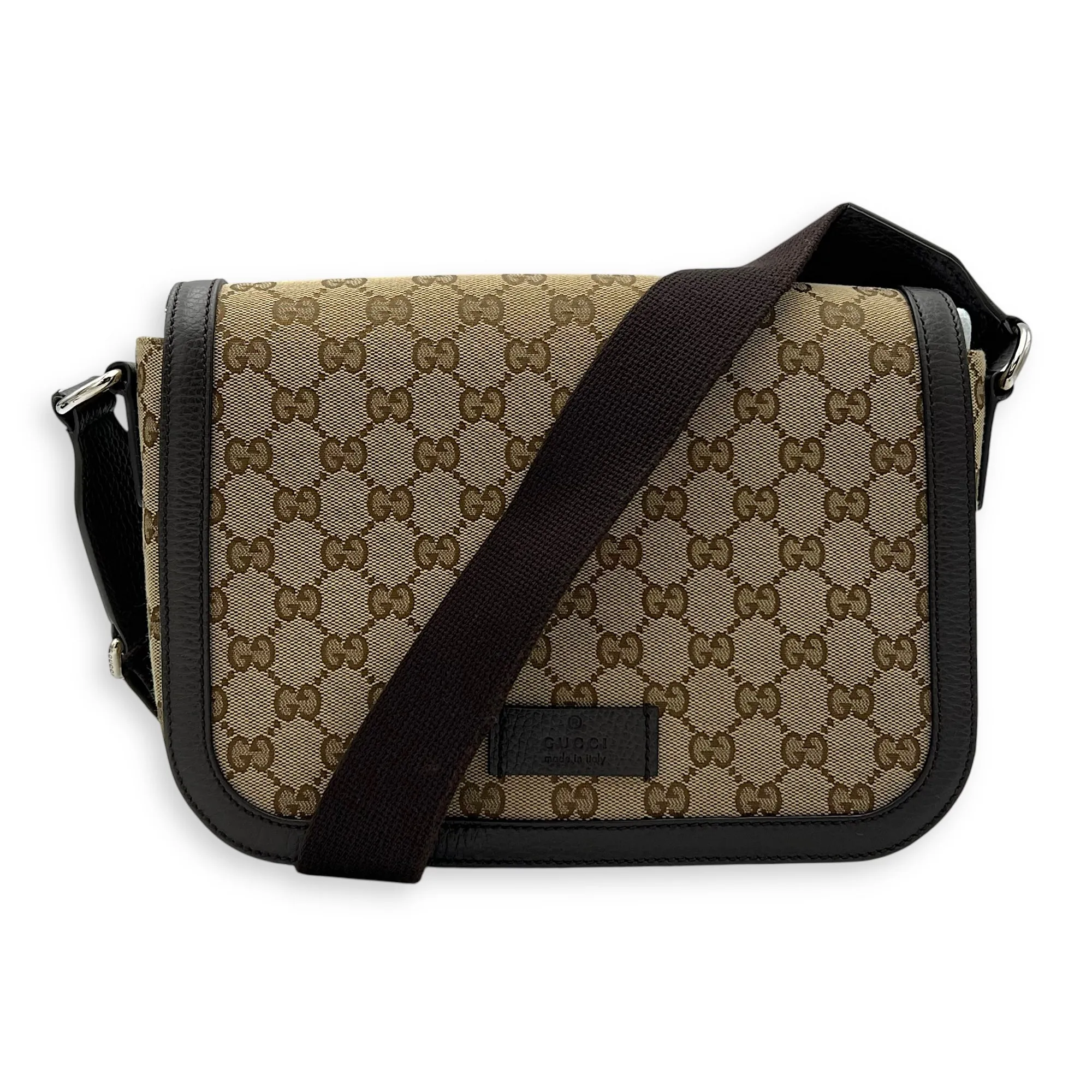 GG Supreme Small Brown Messenger in Canvas, Silver hardware