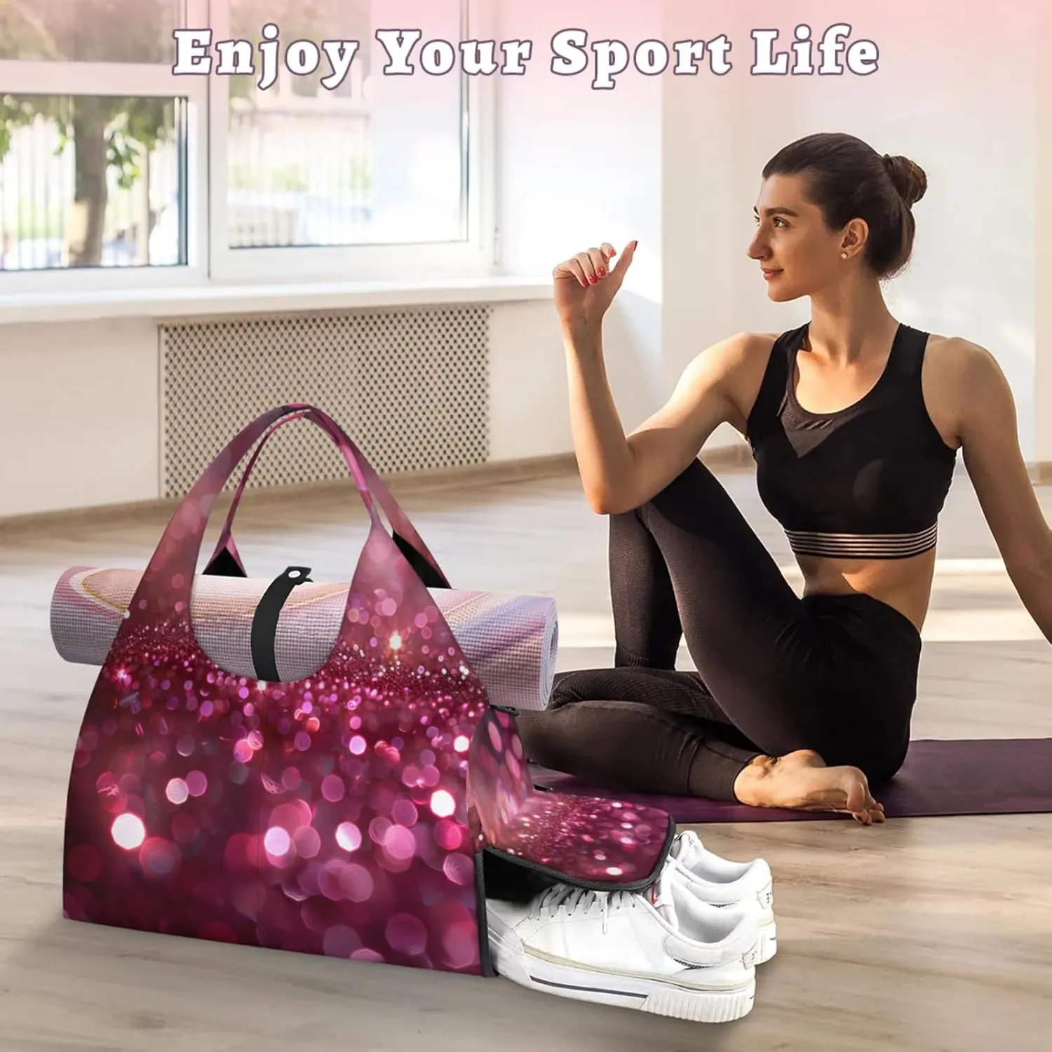 Glitter Sun Lights Gym Bag Yoga Mat Tote for Women with Shoes Compartment Lightweight Duffle Travel Carrier Wet Dry Storage Pockets Adjustable Pilates Mats Shoulder Bags for Sport Swim