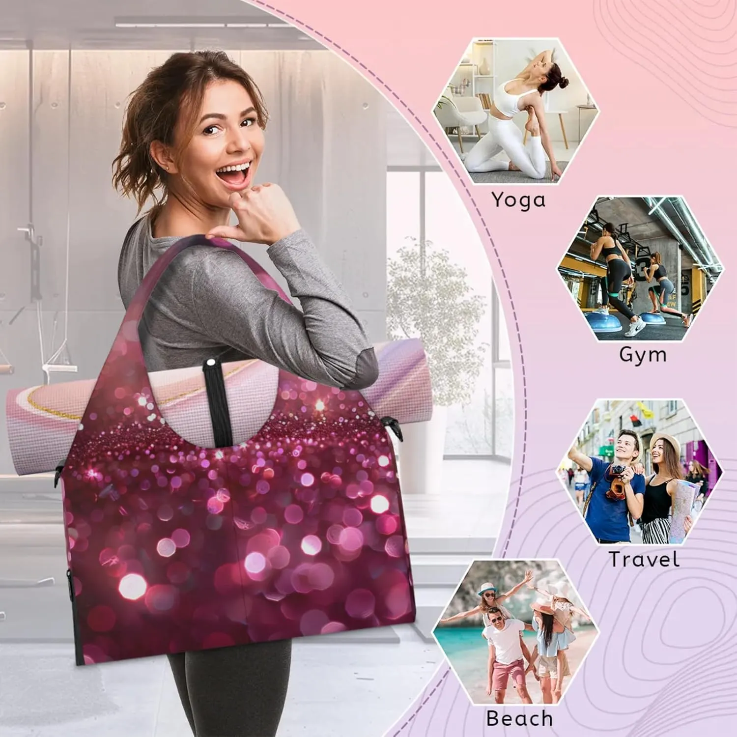 Glitter Sun Lights Gym Bag Yoga Mat Tote for Women with Shoes Compartment Lightweight Duffle Travel Carrier Wet Dry Storage Pockets Adjustable Pilates Mats Shoulder Bags for Sport Swim