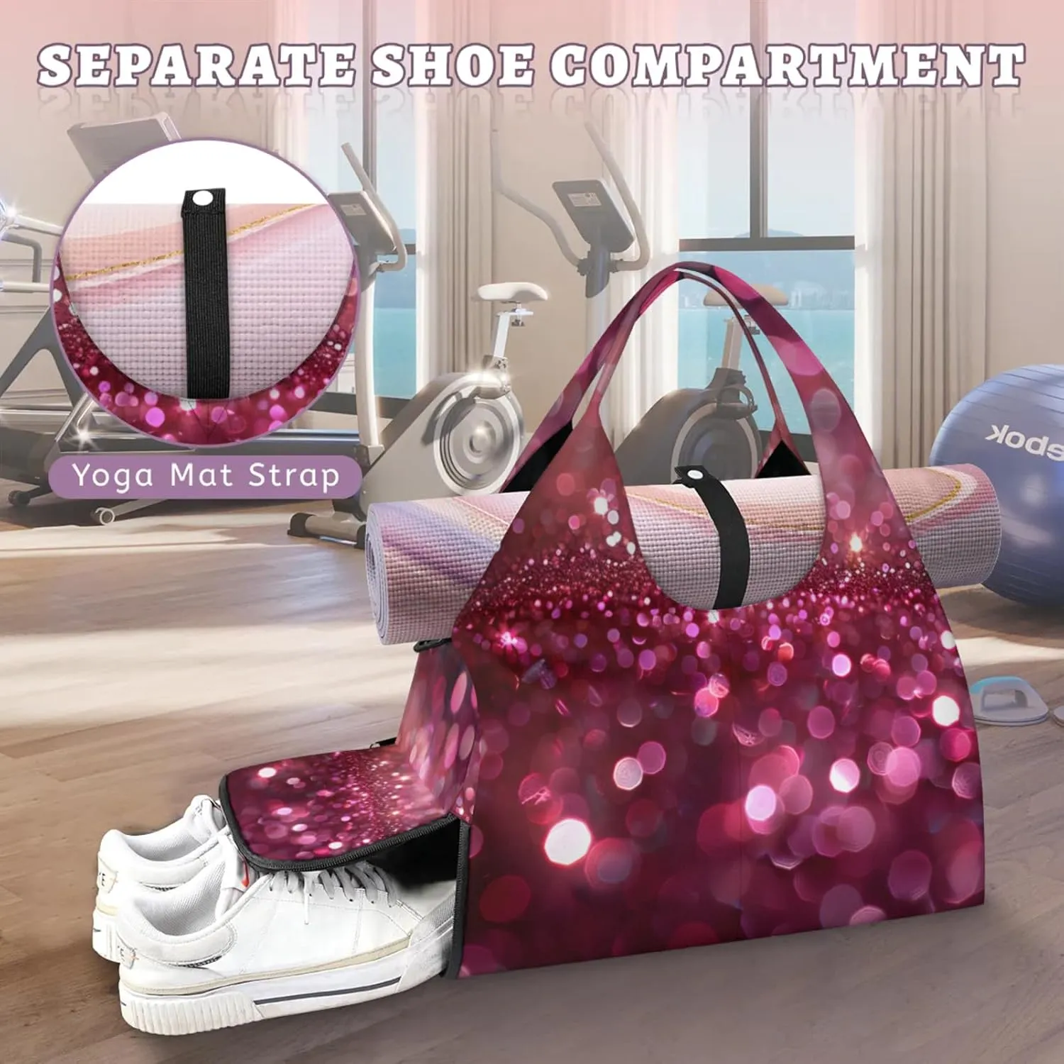 Glitter Sun Lights Gym Bag Yoga Mat Tote for Women with Shoes Compartment Lightweight Duffle Travel Carrier Wet Dry Storage Pockets Adjustable Pilates Mats Shoulder Bags for Sport Swim