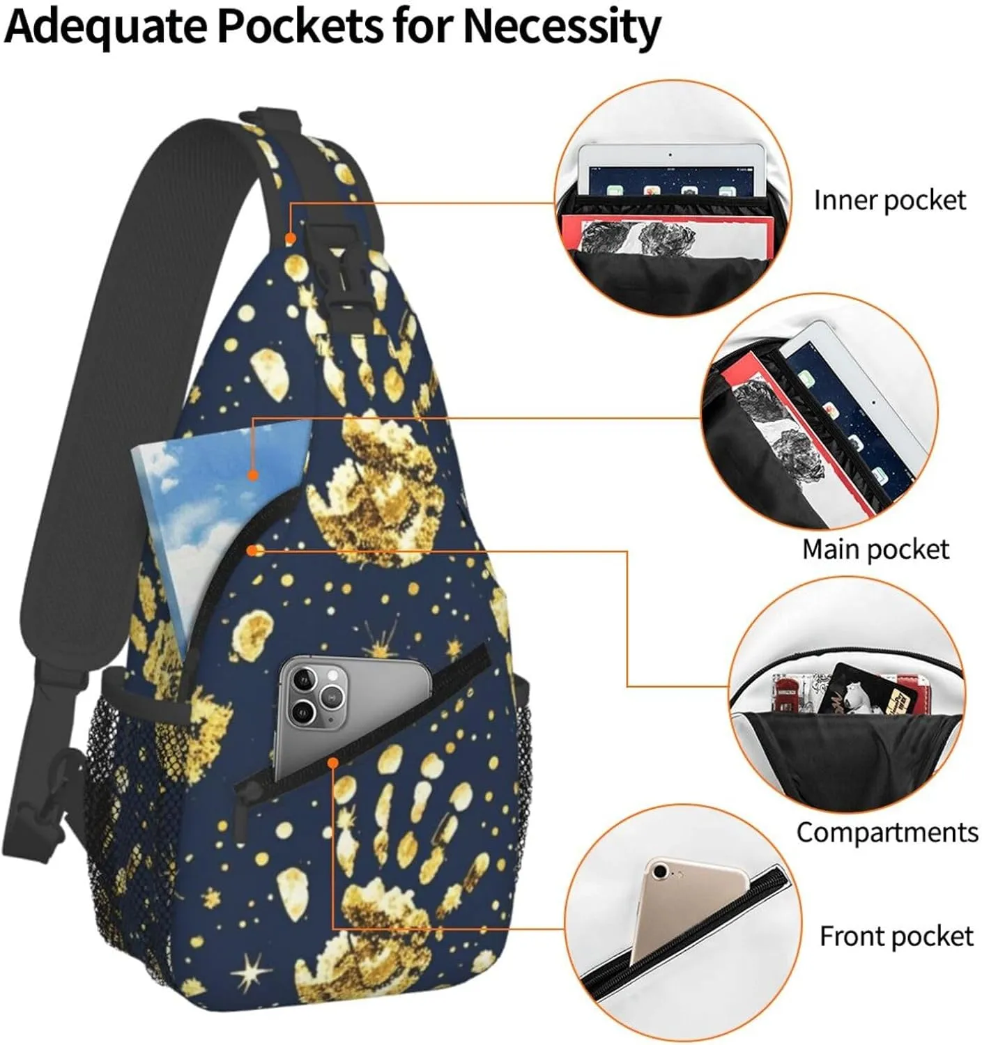 Gold Handprint Starry Sky Crossbody Bags Cross Chest Bag Adjustable Sling Backpack for Women Men