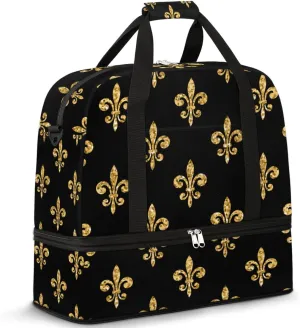 Golden Fleur-de-lis Black Foldable Travel Duffel Bag Tote Carry On Luggage Sports Gym Bag With Shoe Compartment For Woman Man Overnight Weekend Yoga Workout Bag Training Handbag