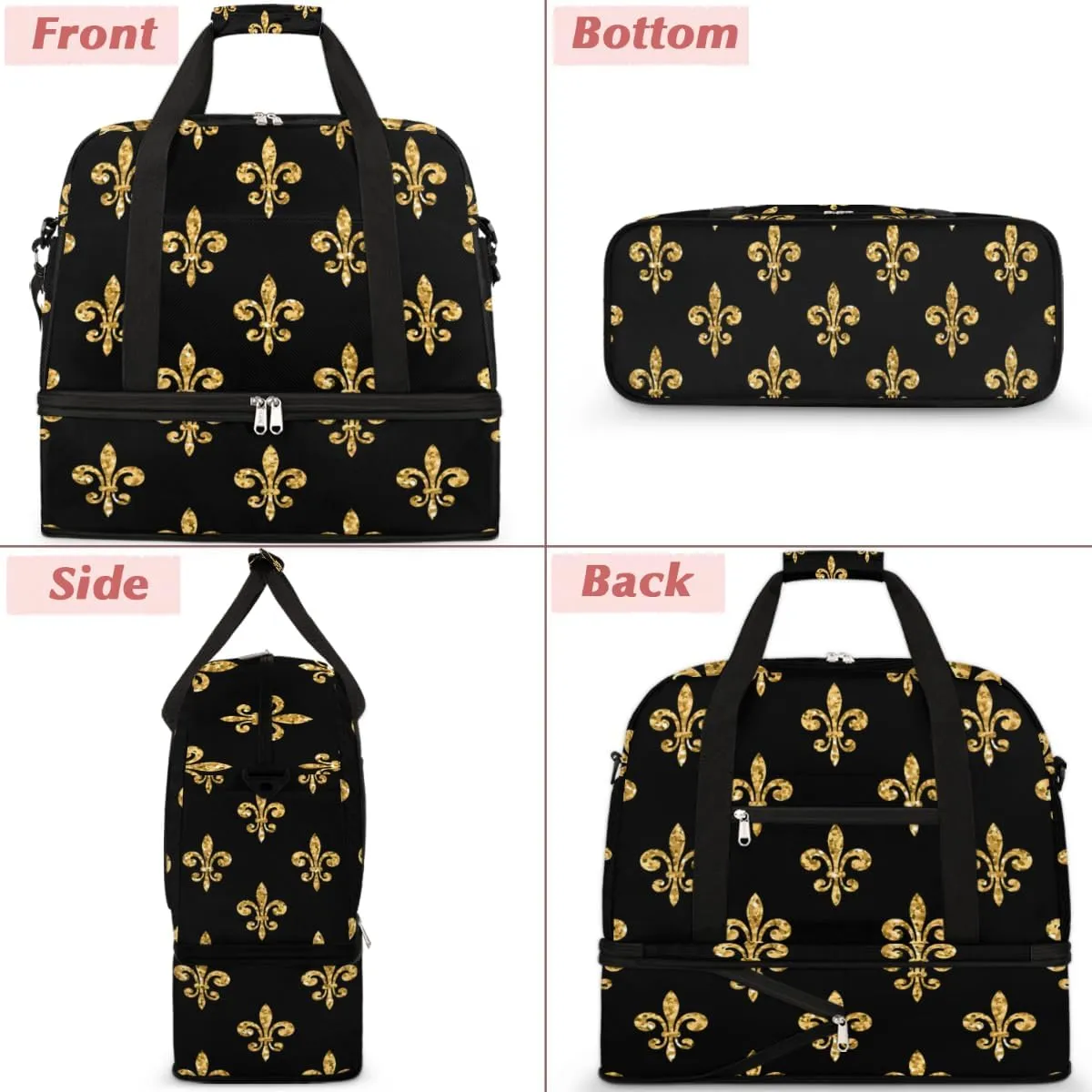 Golden Fleur-de-lis Black Foldable Travel Duffel Bag Tote Carry On Luggage Sports Gym Bag With Shoe Compartment For Woman Man Overnight Weekend Yoga Workout Bag Training Handbag