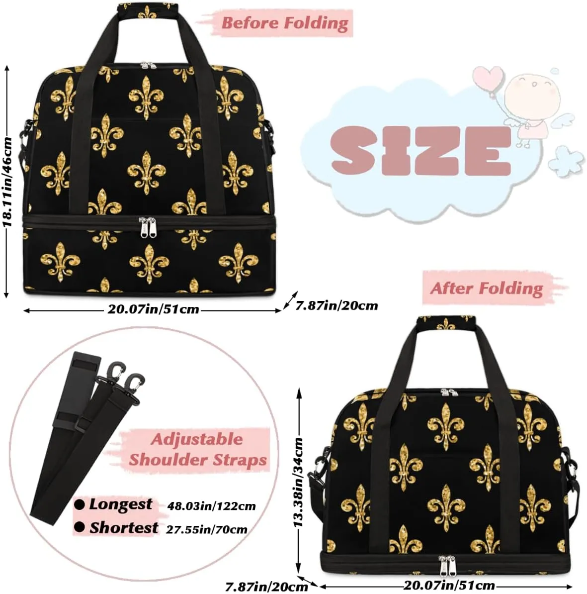 Golden Fleur-de-lis Black Foldable Travel Duffel Bag Tote Carry On Luggage Sports Gym Bag With Shoe Compartment For Woman Man Overnight Weekend Yoga Workout Bag Training Handbag