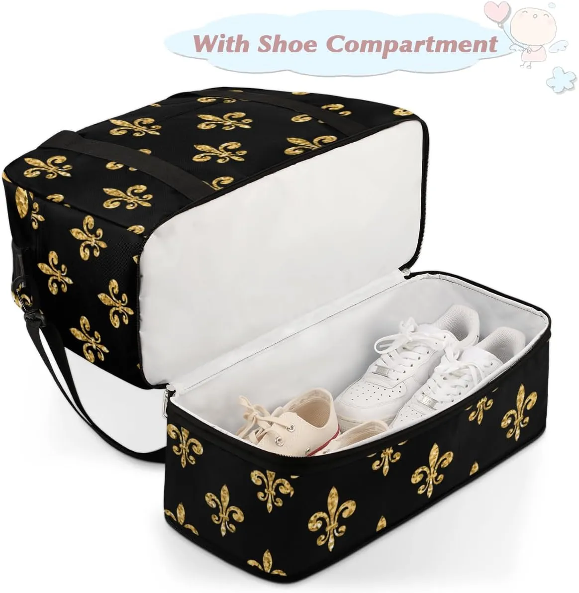 Golden Fleur-de-lis Black Foldable Travel Duffel Bag Tote Carry On Luggage Sports Gym Bag With Shoe Compartment For Woman Man Overnight Weekend Yoga Workout Bag Training Handbag