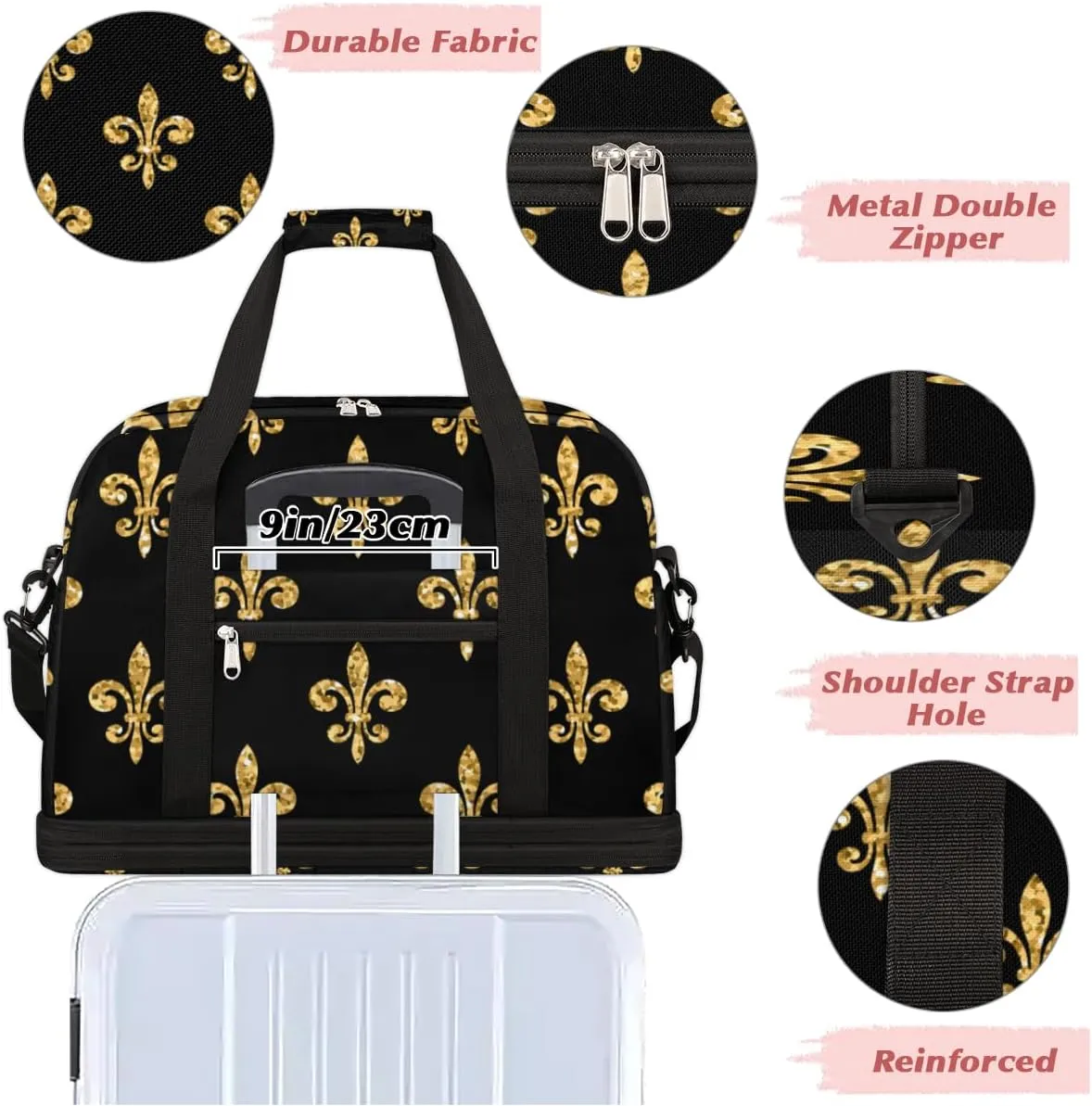 Golden Fleur-de-lis Black Foldable Travel Duffel Bag Tote Carry On Luggage Sports Gym Bag With Shoe Compartment For Woman Man Overnight Weekend Yoga Workout Bag Training Handbag