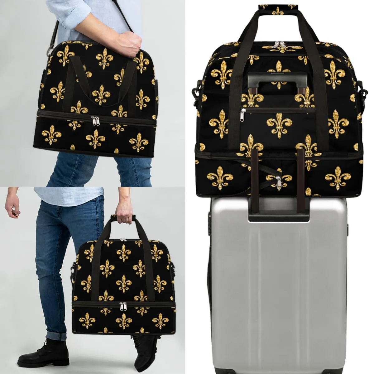Golden Fleur-de-lis Black Foldable Travel Duffel Bag Tote Carry On Luggage Sports Gym Bag With Shoe Compartment For Woman Man Overnight Weekend Yoga Workout Bag Training Handbag