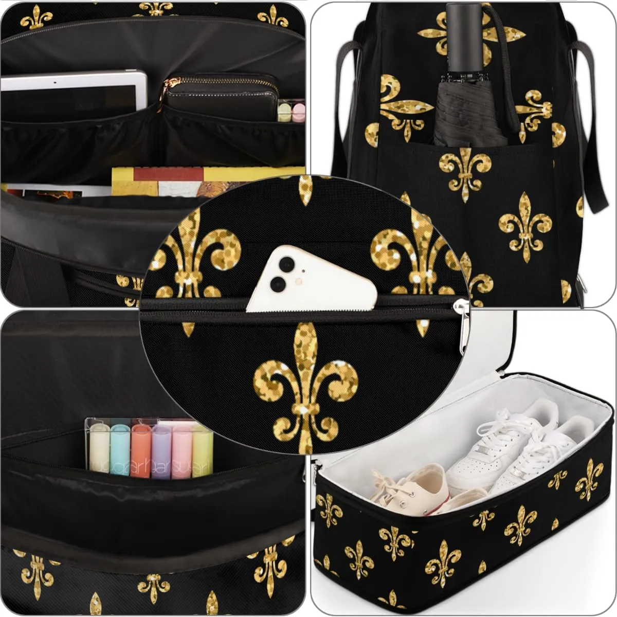 Golden Fleur-de-lis Black Foldable Travel Duffel Bag Tote Carry On Luggage Sports Gym Bag With Shoe Compartment For Woman Man Overnight Weekend Yoga Workout Bag Training Handbag
