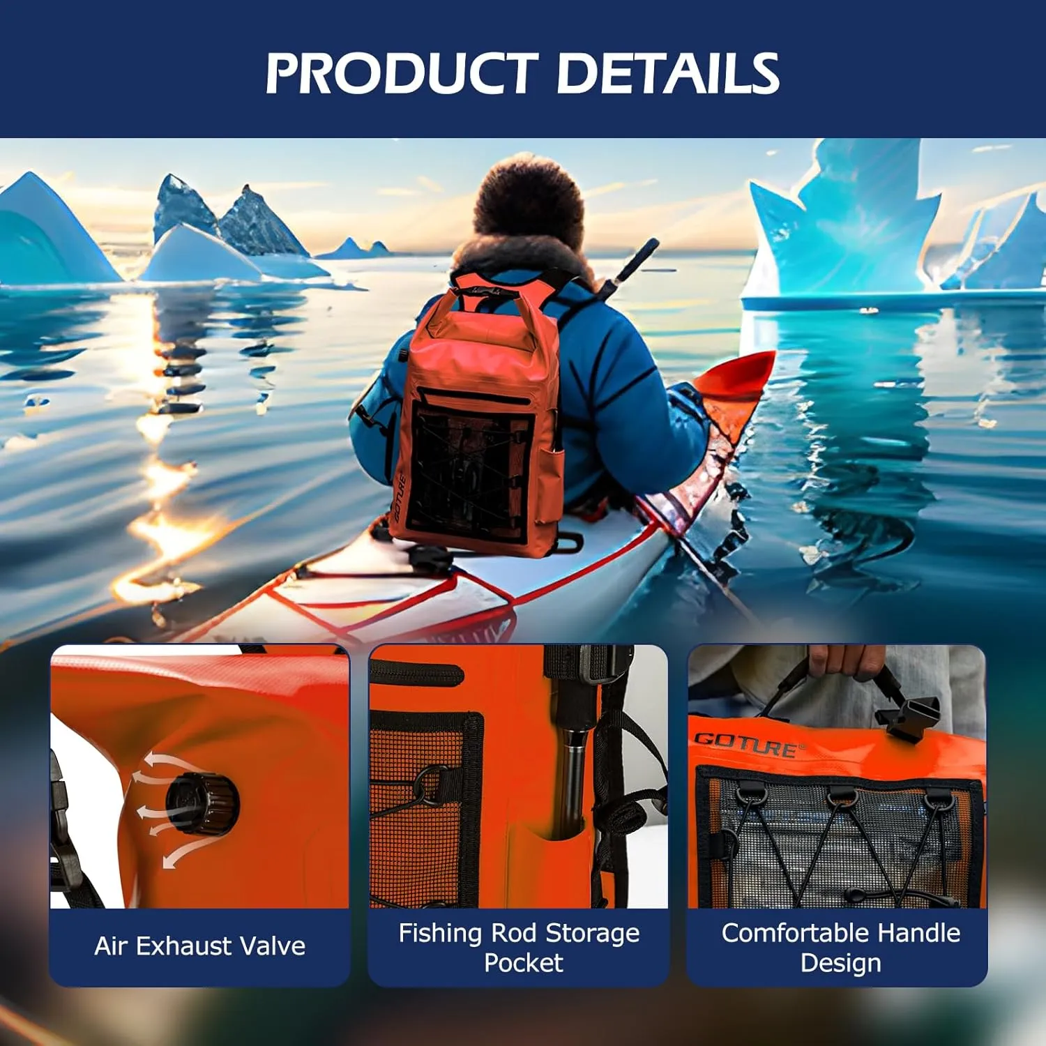 Goture Dry Bag Waterproof Backpack,20L 2L Fishing Tackle Bag with Rod Holder,Padded Shoulder Straps and Air Exhaust Valve,500D PVC Dry Sack Bag with Phone Case for Kayaking,Boating,Fishing,Travel