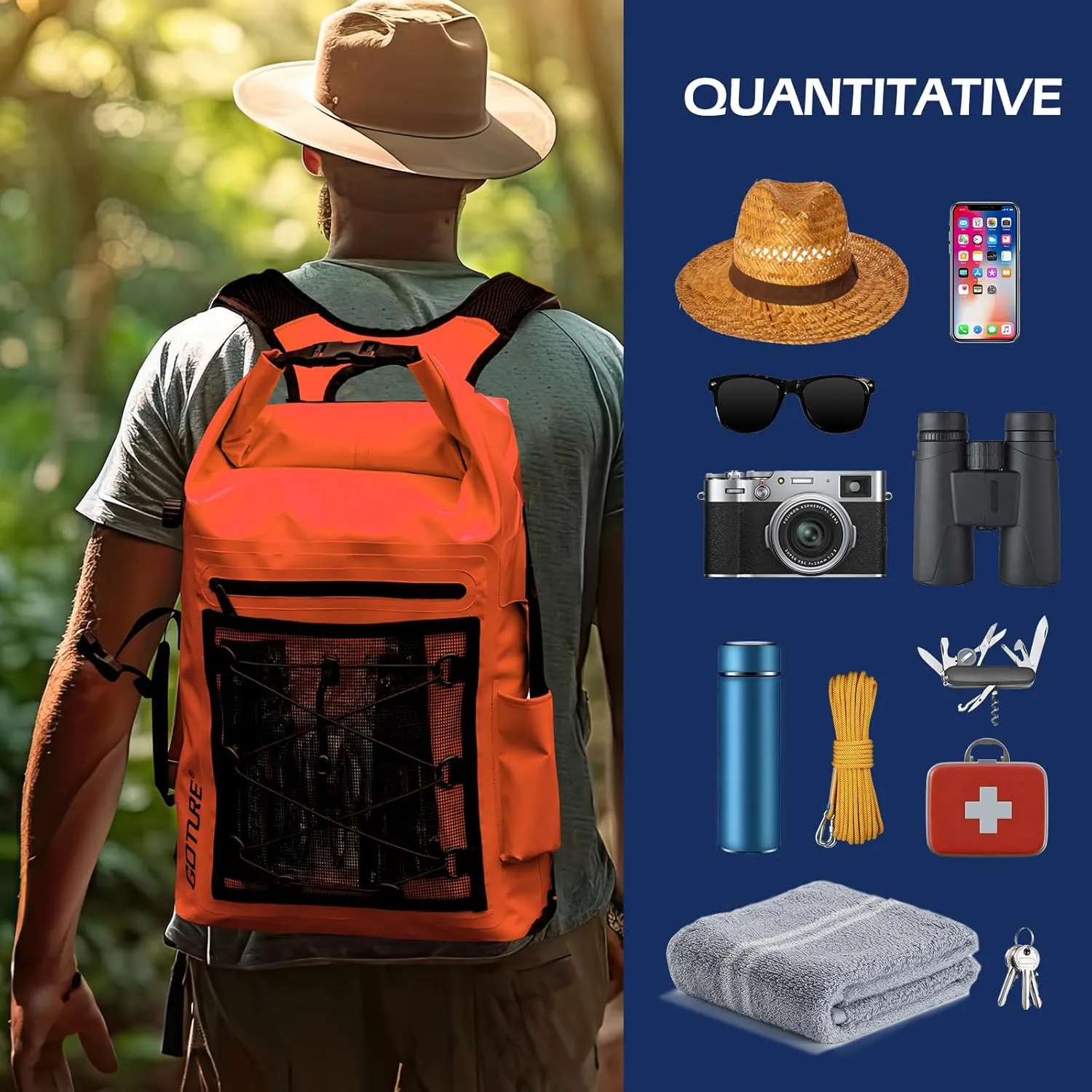 Goture Dry Bag Waterproof Backpack,20L 2L Fishing Tackle Bag with Rod Holder,Padded Shoulder Straps and Air Exhaust Valve,500D PVC Dry Sack Bag with Phone Case for Kayaking,Boating,Fishing,Travel