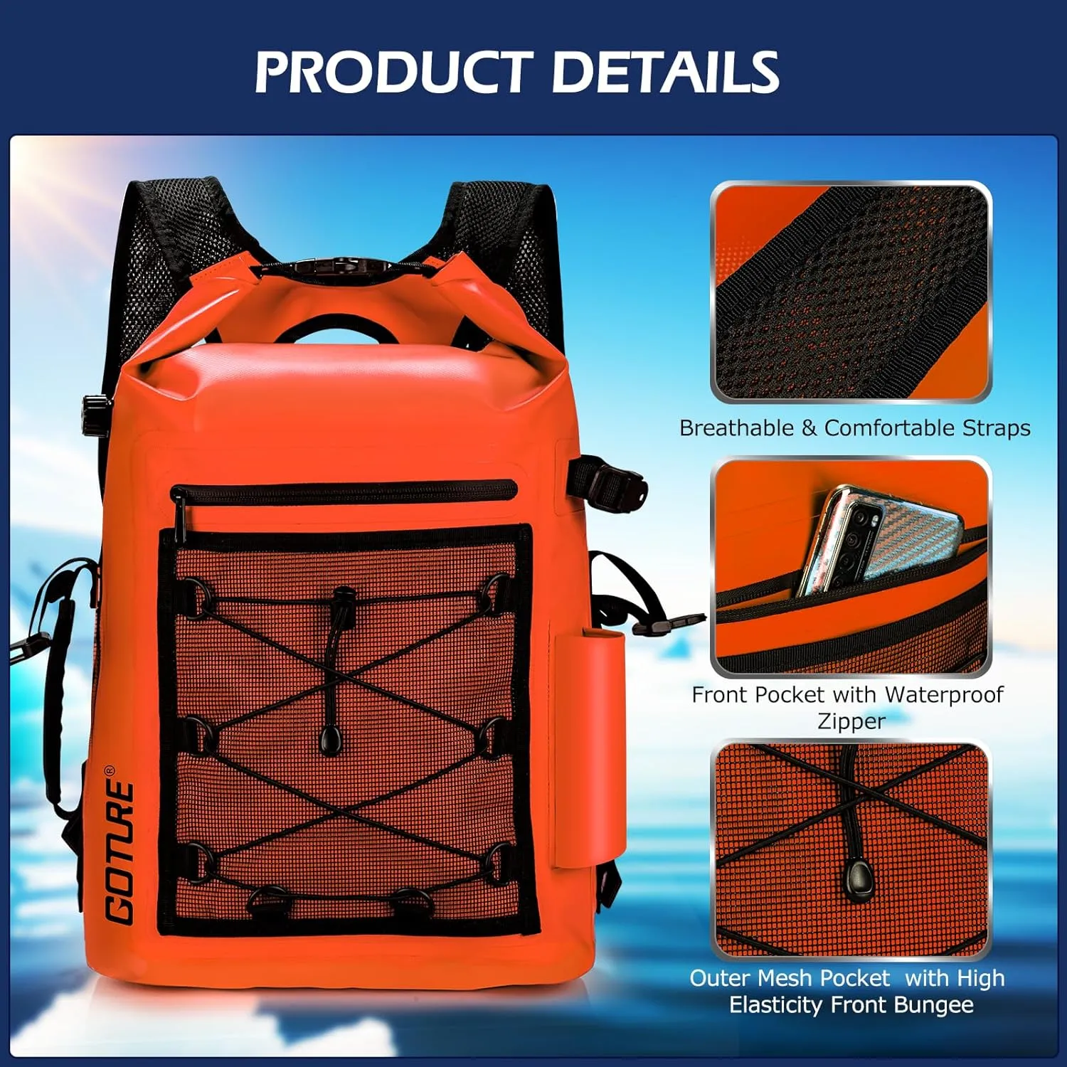 Goture Dry Bag Waterproof Backpack,20L 2L Fishing Tackle Bag with Rod Holder,Padded Shoulder Straps and Air Exhaust Valve,500D PVC Dry Sack Bag with Phone Case for Kayaking,Boating,Fishing,Travel