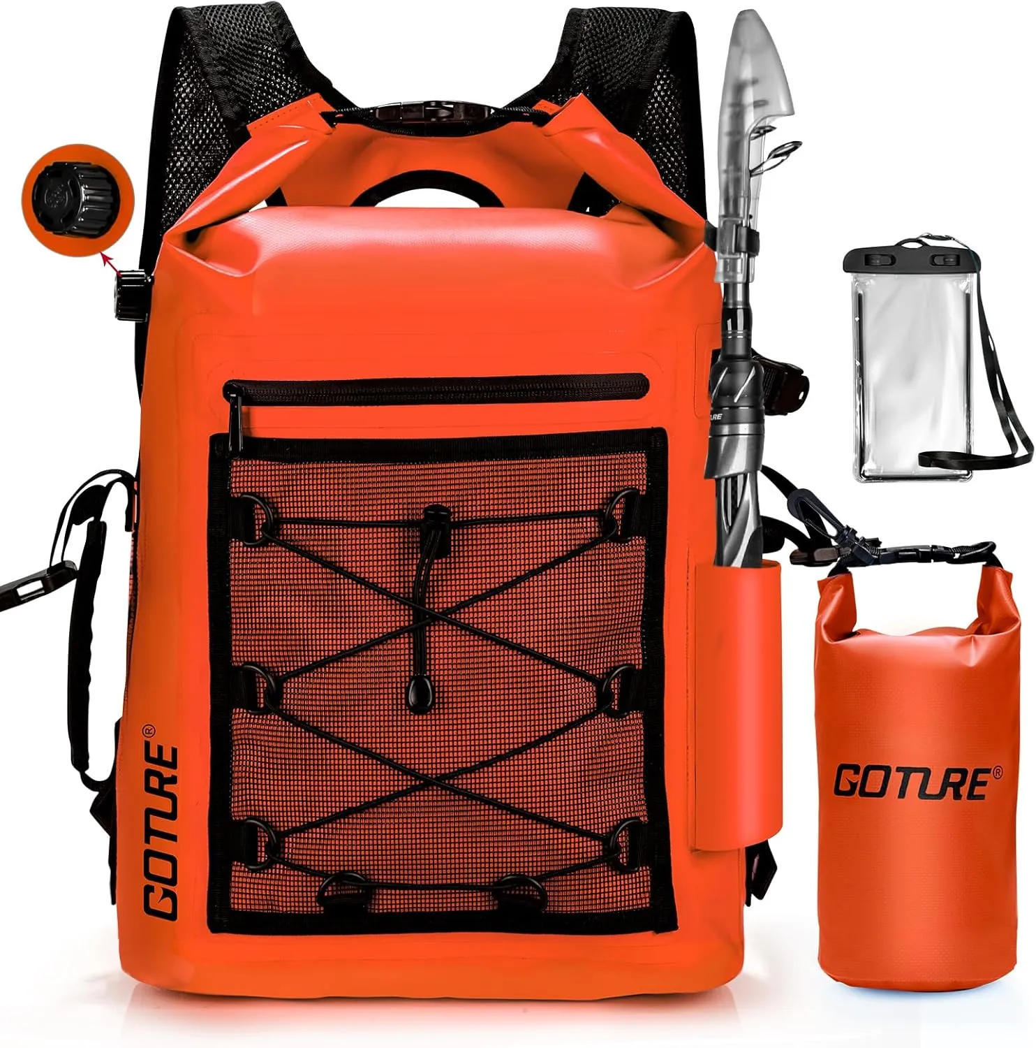 Goture Dry Bag Waterproof Backpack,20L 2L Fishing Tackle Bag with Rod Holder,Padded Shoulder Straps and Air Exhaust Valve,500D PVC Dry Sack Bag with Phone Case for Kayaking,Boating,Fishing,Travel