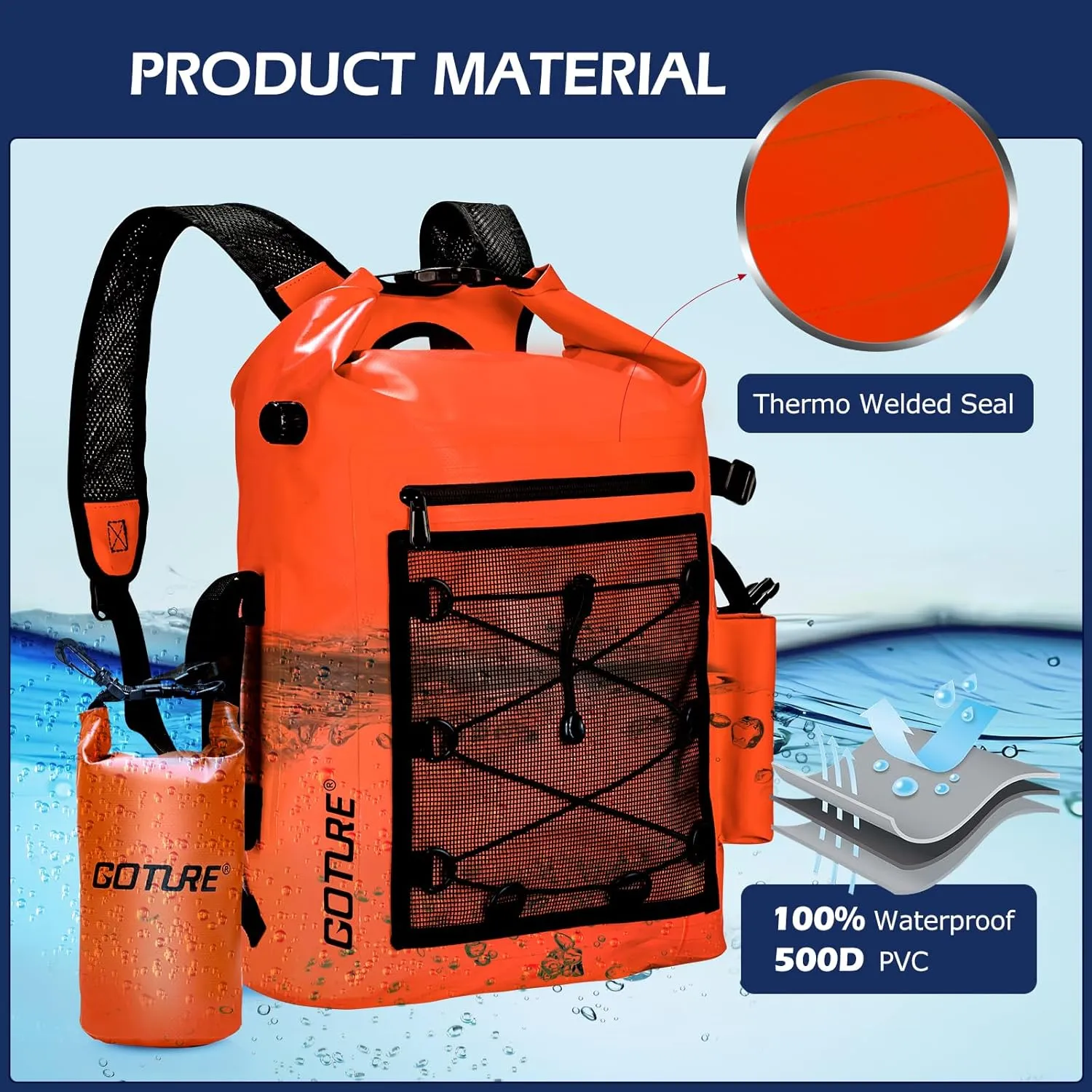Goture Dry Bag Waterproof Backpack,20L 2L Fishing Tackle Bag with Rod Holder,Padded Shoulder Straps and Air Exhaust Valve,500D PVC Dry Sack Bag with Phone Case for Kayaking,Boating,Fishing,Travel