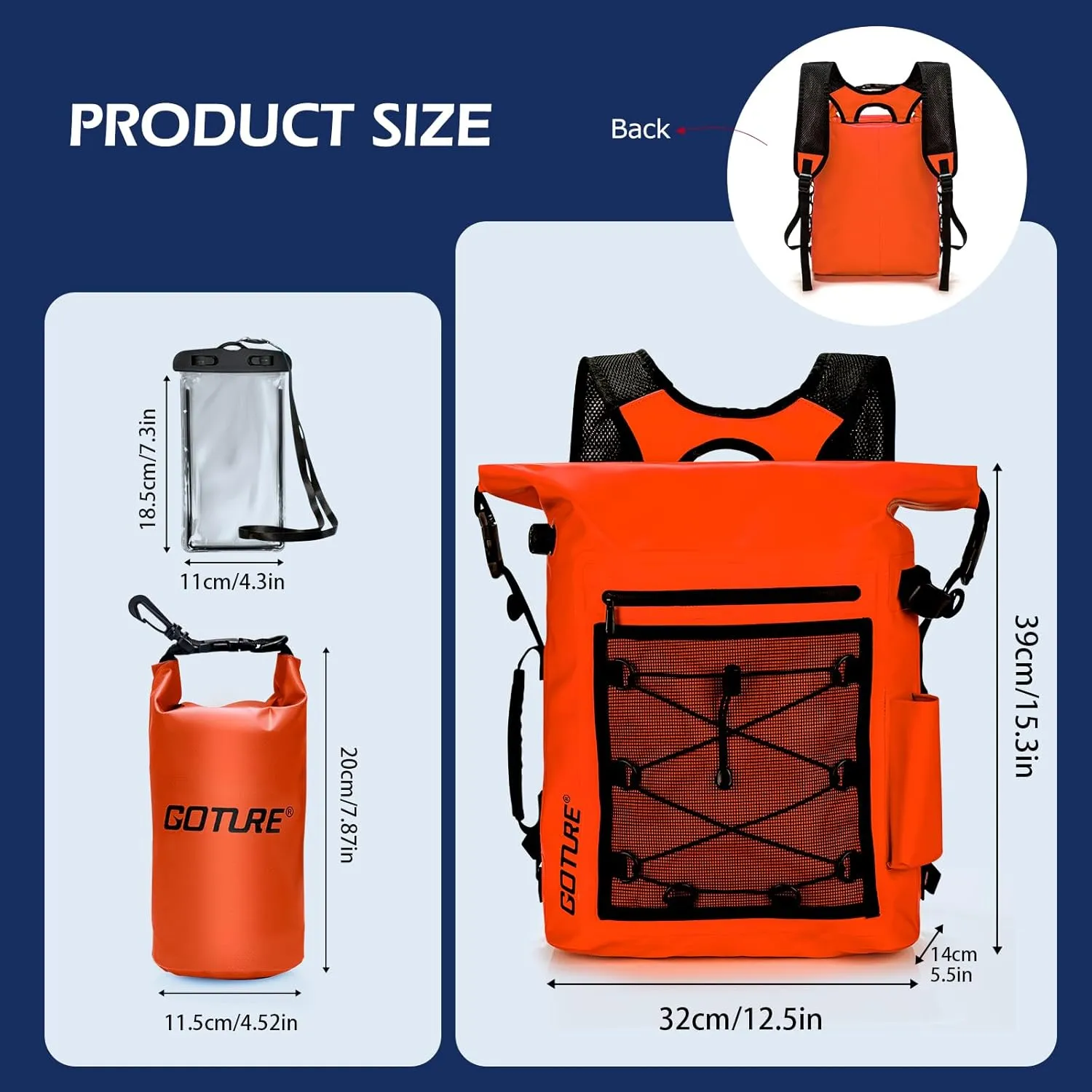 Goture Dry Bag Waterproof Backpack,20L 2L Fishing Tackle Bag with Rod Holder,Padded Shoulder Straps and Air Exhaust Valve,500D PVC Dry Sack Bag with Phone Case for Kayaking,Boating,Fishing,Travel