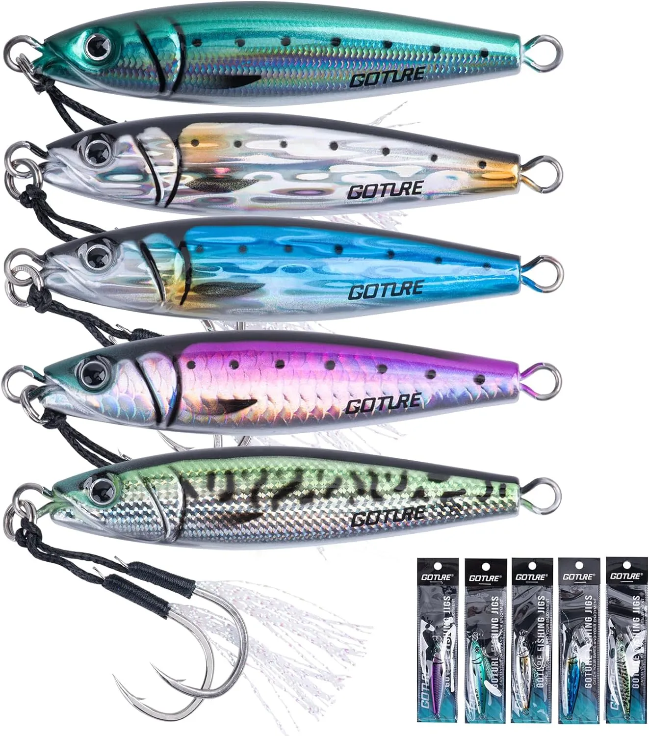 Goture Fishing Jigs Saltwater, 60g/80g/100g/150g Vertical Jigging Lures with Double Assist Hooks, Speed Fast Fall Jig Deep Sea Fishing Jigging Spoon Lures for Tuna,Salmon,Grouper Snapper, Kingfish
