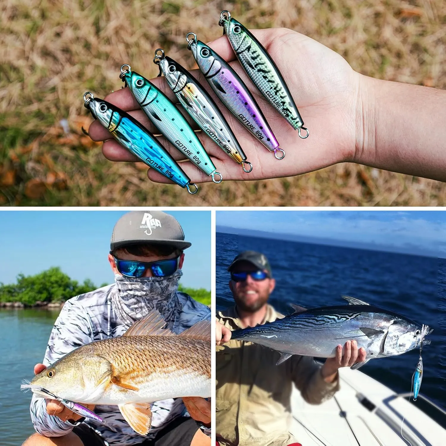 Goture Fishing Jigs Saltwater, 60g/80g/100g/150g Vertical Jigging Lures with Double Assist Hooks, Speed Fast Fall Jig Deep Sea Fishing Jigging Spoon Lures for Tuna,Salmon,Grouper Snapper, Kingfish