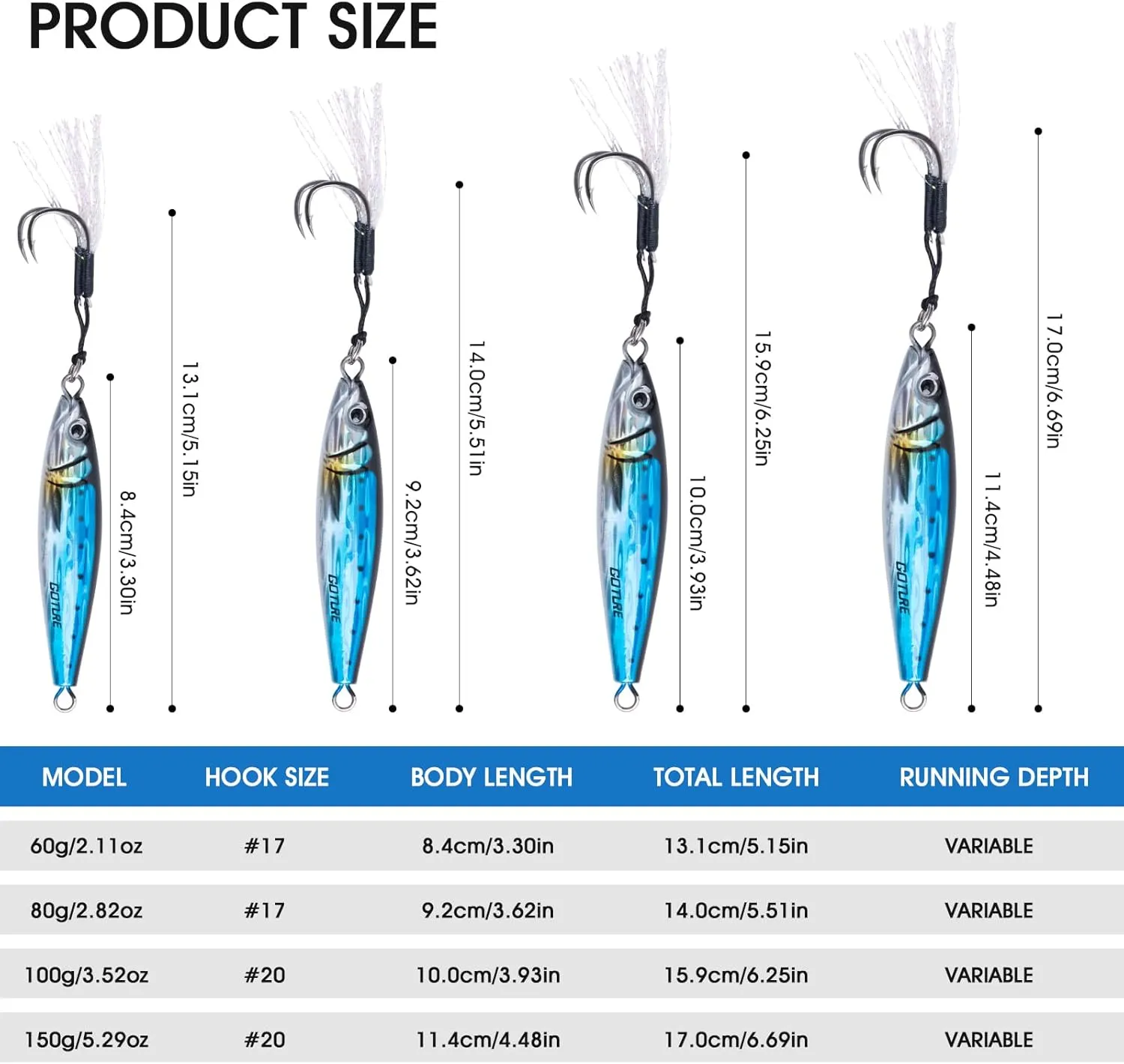 Goture Fishing Jigs Saltwater, 60g/80g/100g/150g Vertical Jigging Lures with Double Assist Hooks, Speed Fast Fall Jig Deep Sea Fishing Jigging Spoon Lures for Tuna,Salmon,Grouper Snapper, Kingfish