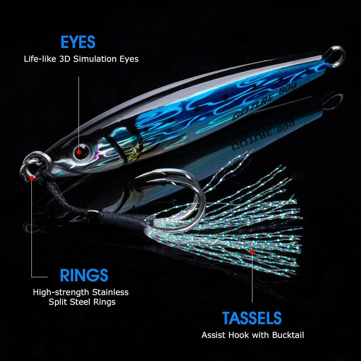 Goture Fishing Jigs Saltwater, 60g/80g/100g/150g Vertical Jigging Lures with Double Assist Hooks, Speed Fast Fall Jig Deep Sea Fishing Jigging Spoon Lures for Tuna,Salmon,Grouper Snapper, Kingfish